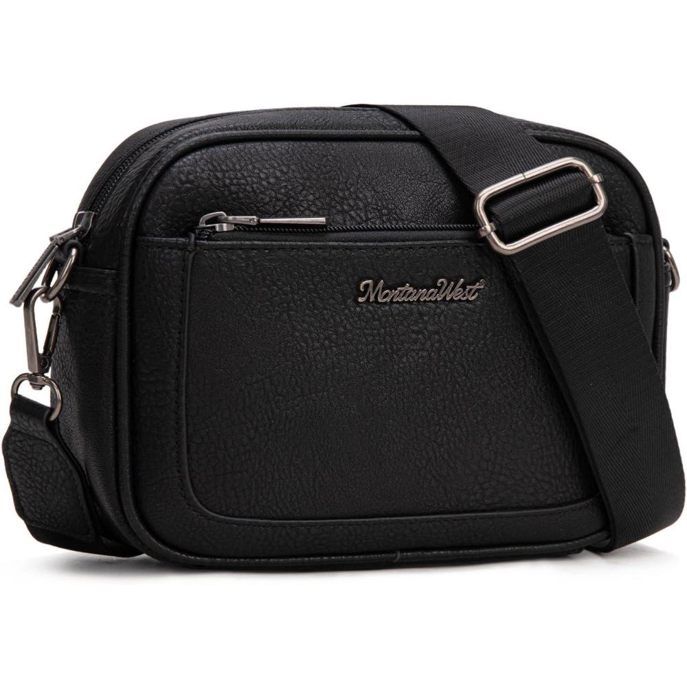 imageMontana West Small Crossbody Bags for Women Cow Print Purse Triple Zip Shoulder Handbags with Wide StrapBlack