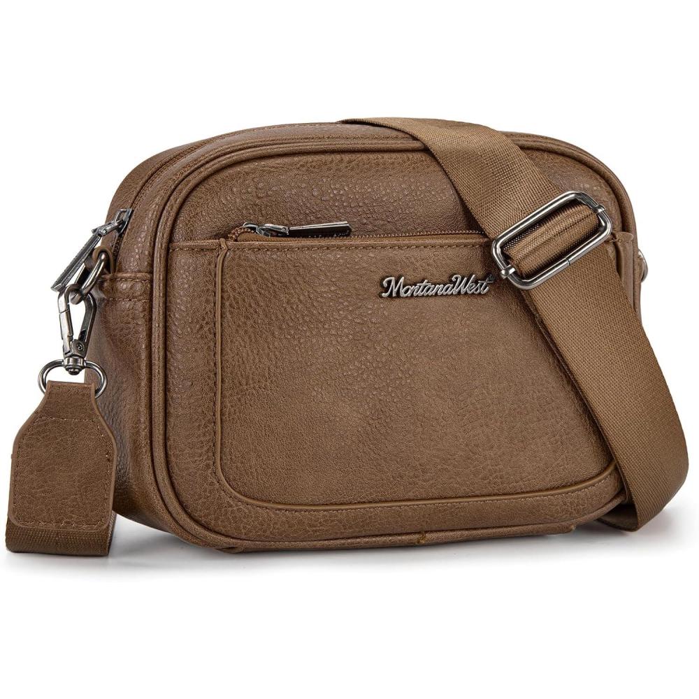 imageMontana West Small Crossbody Bags for Women Cow Print Purse Triple Zip Shoulder Handbags with Wide StrapCamel