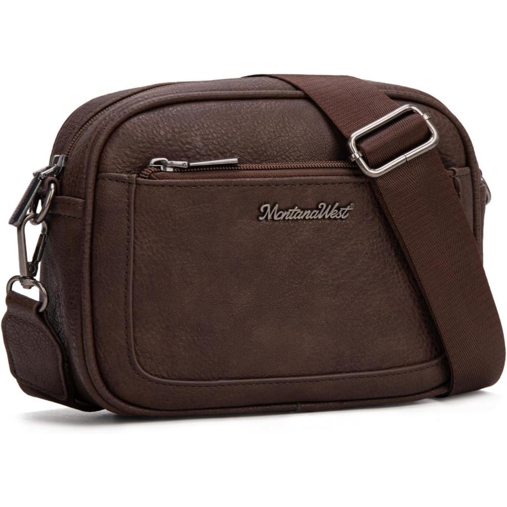 imageMontana West Small Crossbody Bags for Women Cow Print Purse Triple Zip Shoulder Handbags with Wide StrapCoffee