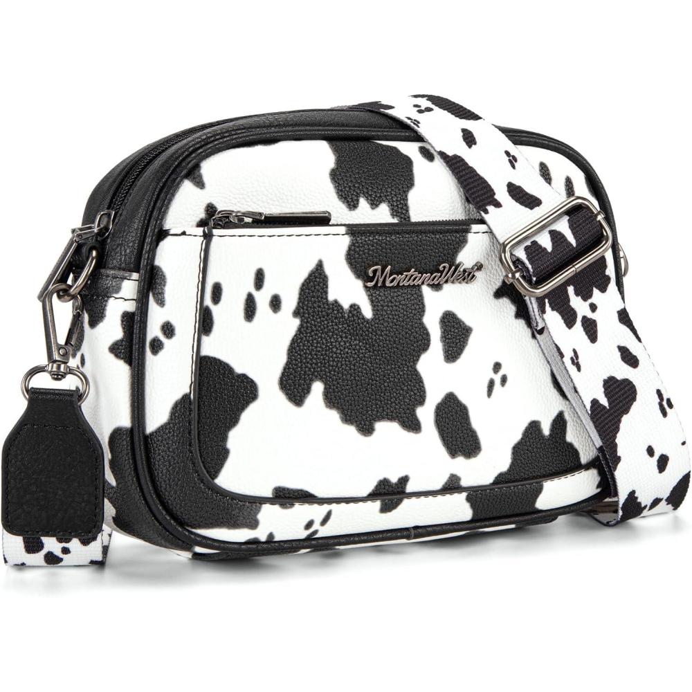 imageMontana West Small Crossbody Bags for Women Cow Print Purse Triple Zip Shoulder Handbags with Wide StrapCowBlack