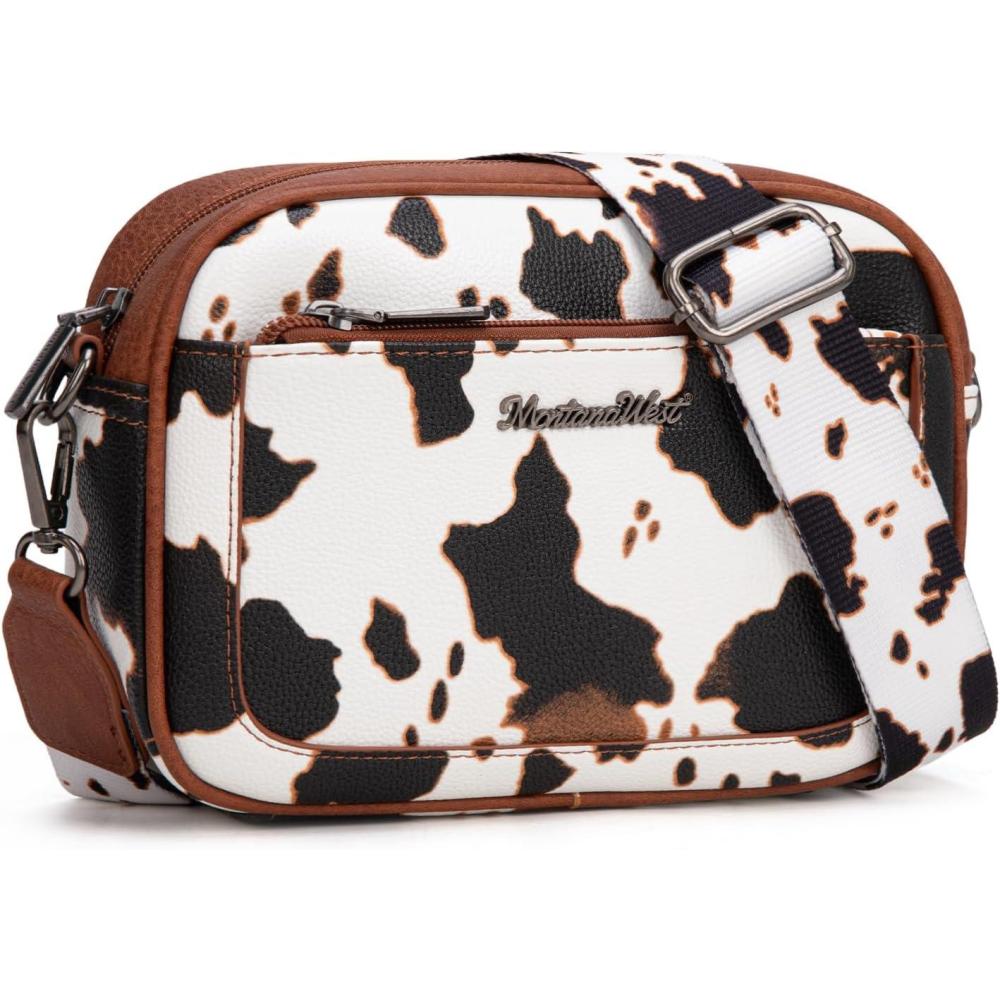 imageMontana West Small Crossbody Bags for Women Cow Print Purse Triple Zip Shoulder Handbags with Wide StrapCowBrown