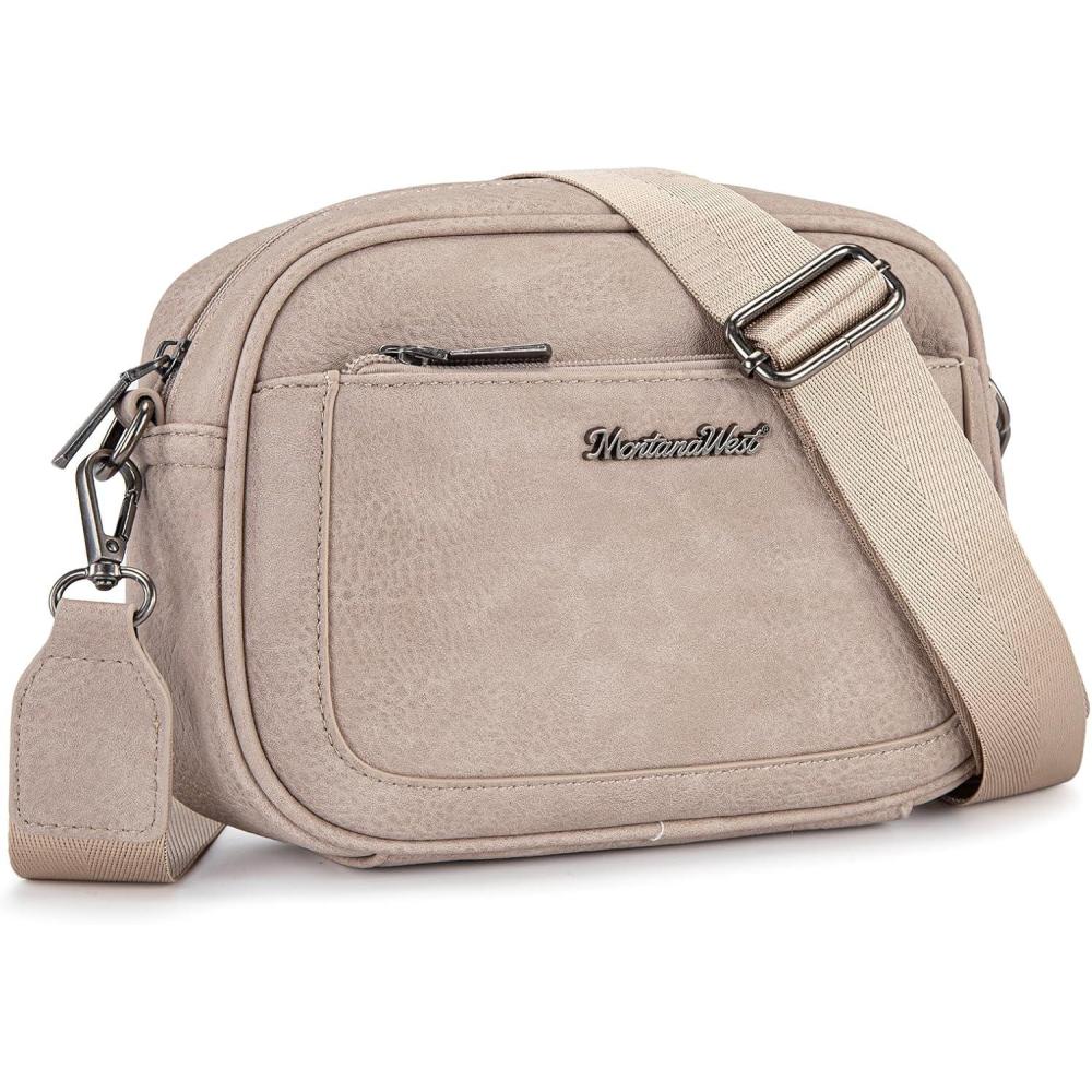 imageMontana West Small Crossbody Bags for Women Cow Print Purse Triple Zip Shoulder Handbags with Wide StrapKhaki