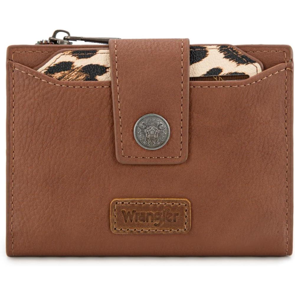 imageMontana West X Wrangler Small Wallets for Women Bifold RFID Blocking Wallets Compact Leopard Print Wallet with Removable ID WindowABrown
