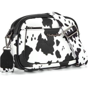 Montana West Small Crossbody Bags for Women Cow Print Purse Triple Zip Shoulder Handbags with Wide Strap(Cow/Black)