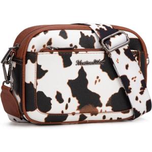 Montana West Small Crossbody Bags for Women Cow Print Purse Triple Zip Shoulder Handbags with Wide Strap(Cow/Brown)