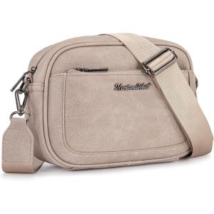Montana West Small Crossbody Bags for Women Cow Print Purse Triple Zip Shoulder Handbags with Wide Strap(Khaki)
