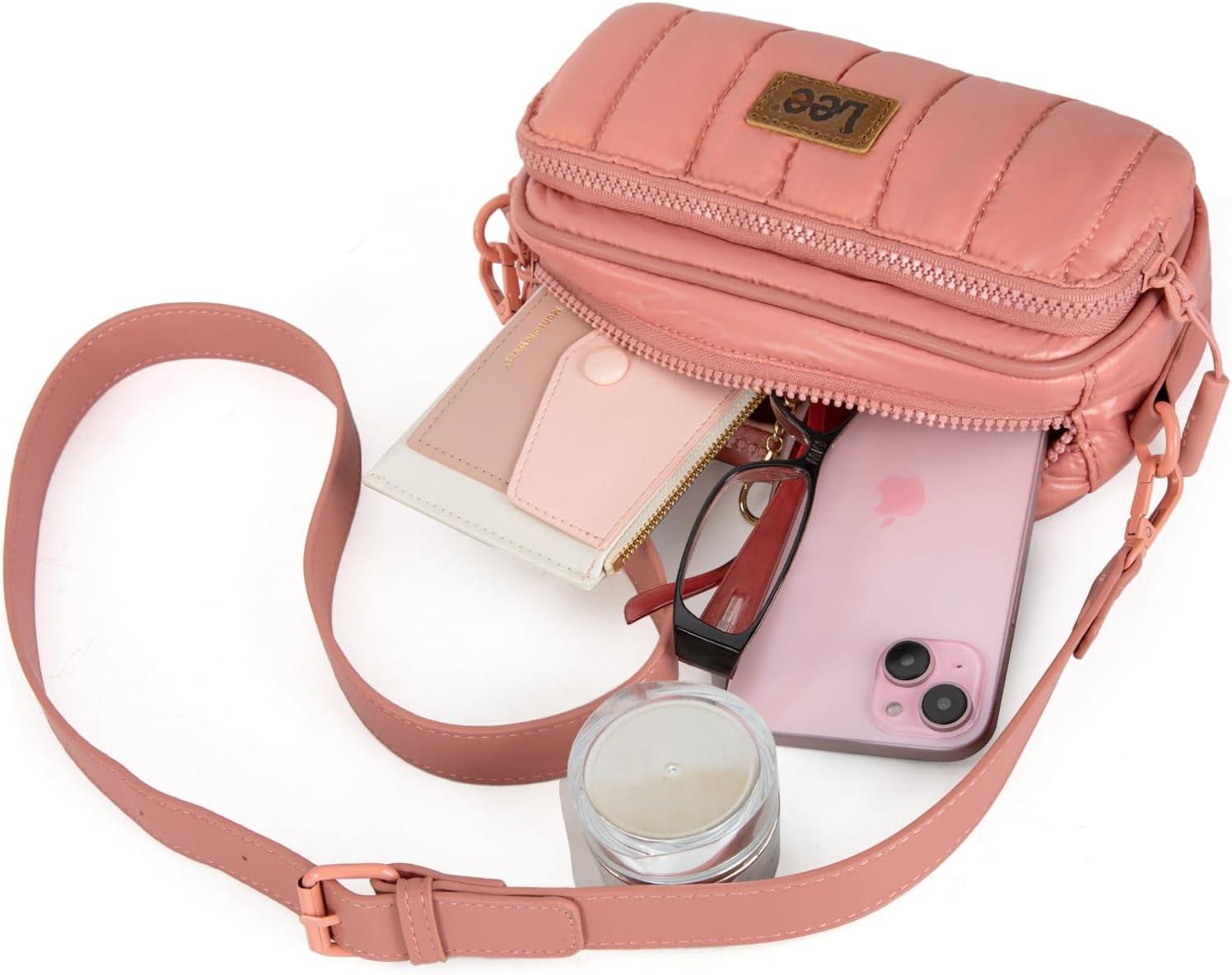 imageMontana West x Lee Puffer Crossbody Bags for Women Small Quilted Lightweight Waterresistant Purse with Adjustable Strap Puffer Small Quilted Lightweight WaterresistantDark Pink