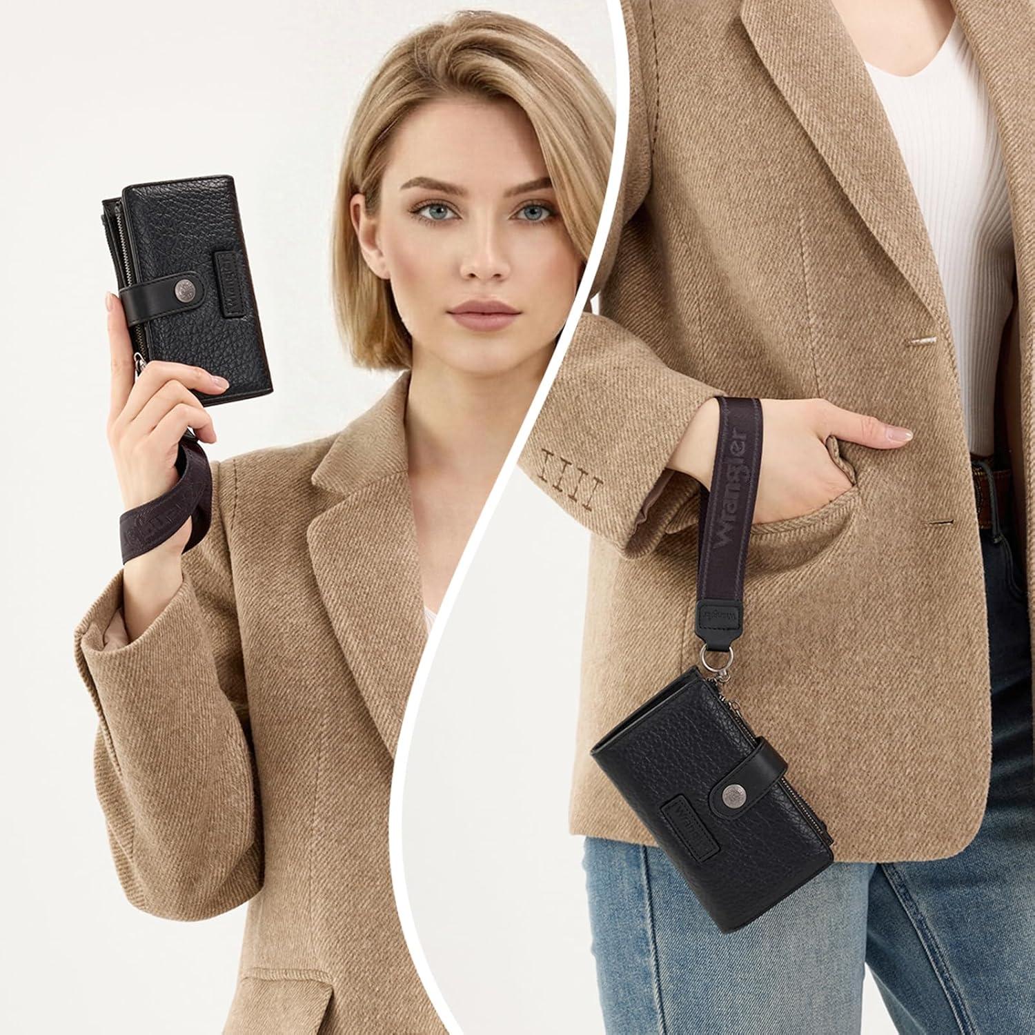 imageMontana West X Wrangler Wristlet Wallets for Women Small Bifold Wallets Rfid Blocking Large Capacity Ladies WalletBlack