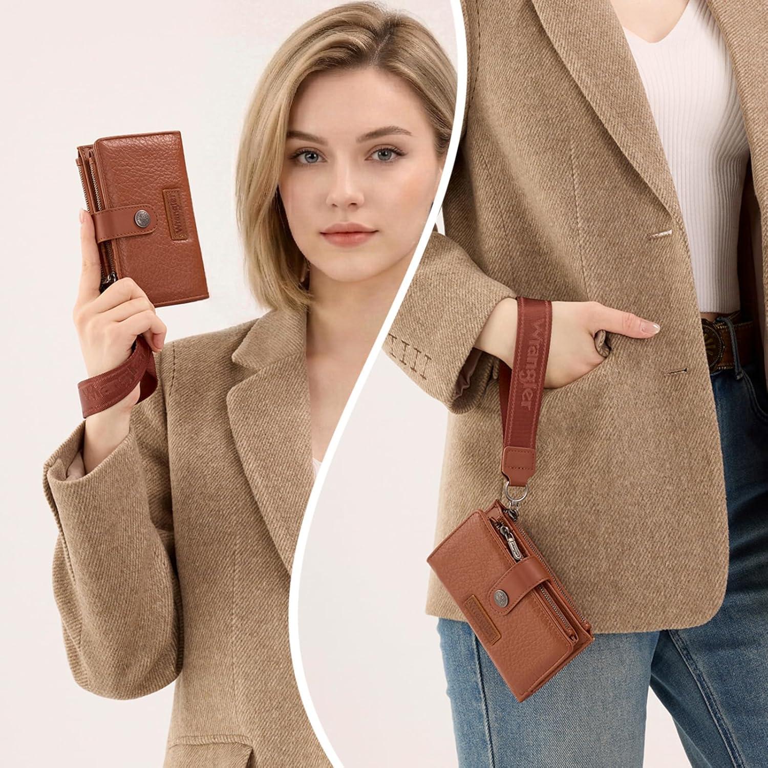 imageMontana West X Wrangler Wristlet Wallets for Women Small Bifold Wallets Rfid Blocking Large Capacity Ladies WalletBrown