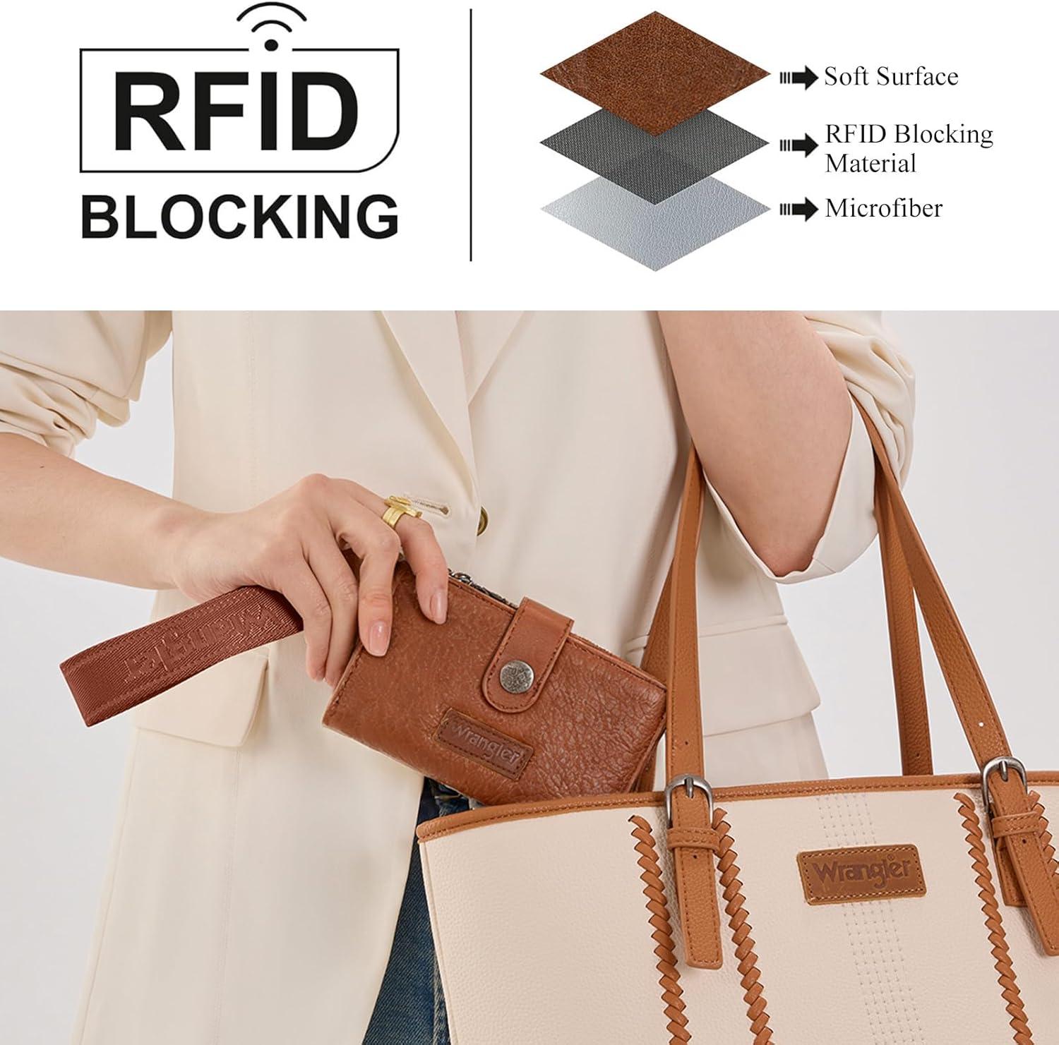 imageMontana West X Wrangler Wristlet Wallets for Women Small Bifold Wallets Rfid Blocking Large Capacity Ladies WalletBrown