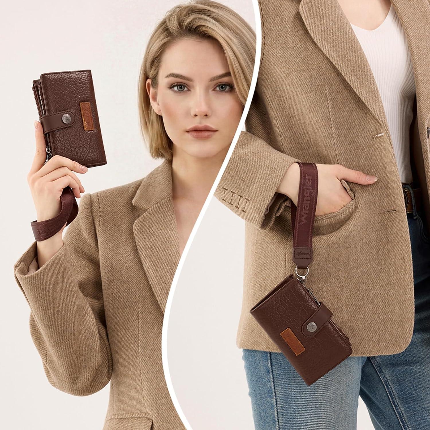 imageMontana West X Wrangler Wristlet Wallets for Women Small Bifold Wallets Rfid Blocking Large Capacity Ladies WalletCoffee