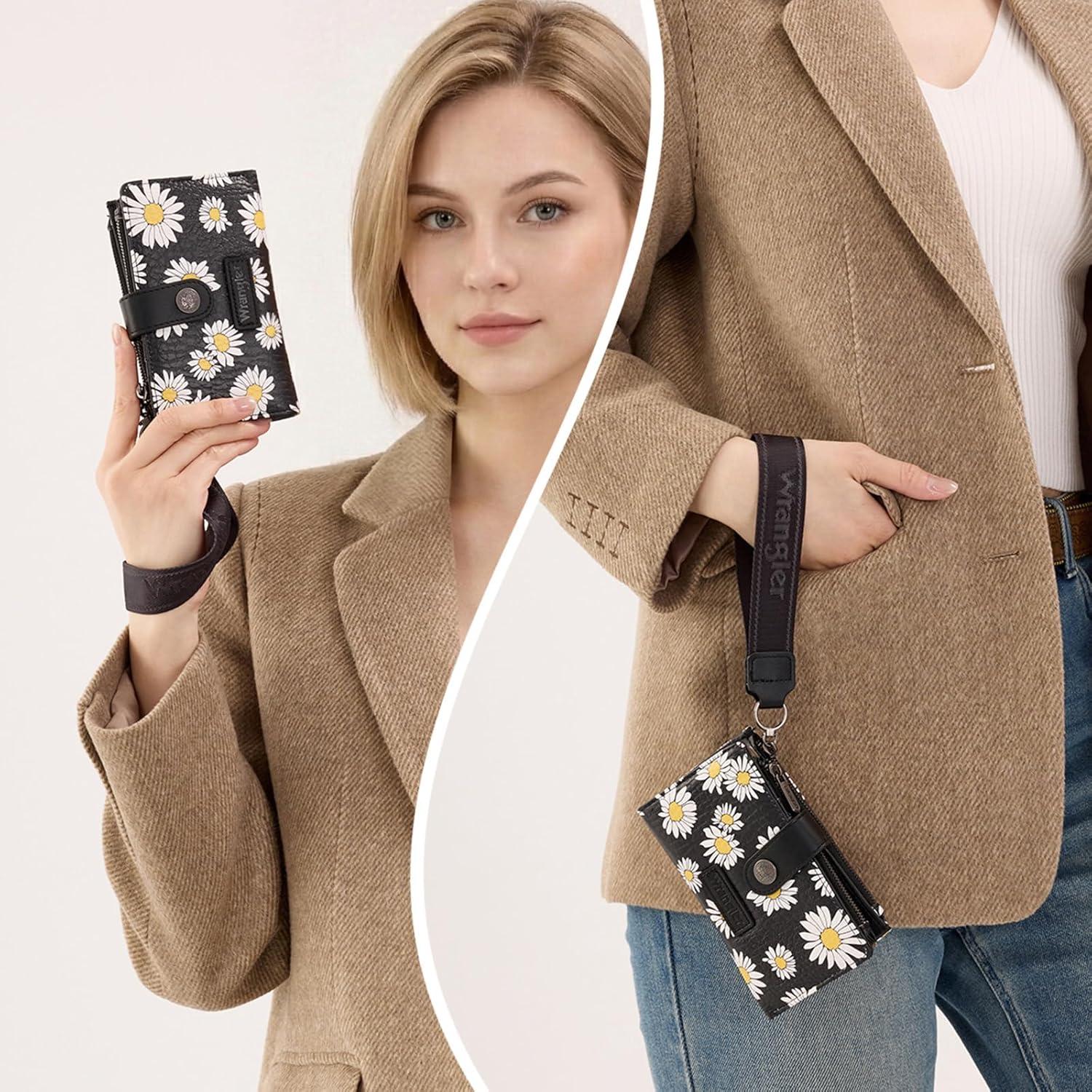imageMontana West X Wrangler Wristlet Wallets for Women Small Bifold Wallets Rfid Blocking Large Capacity Ladies WalletFlowerblack