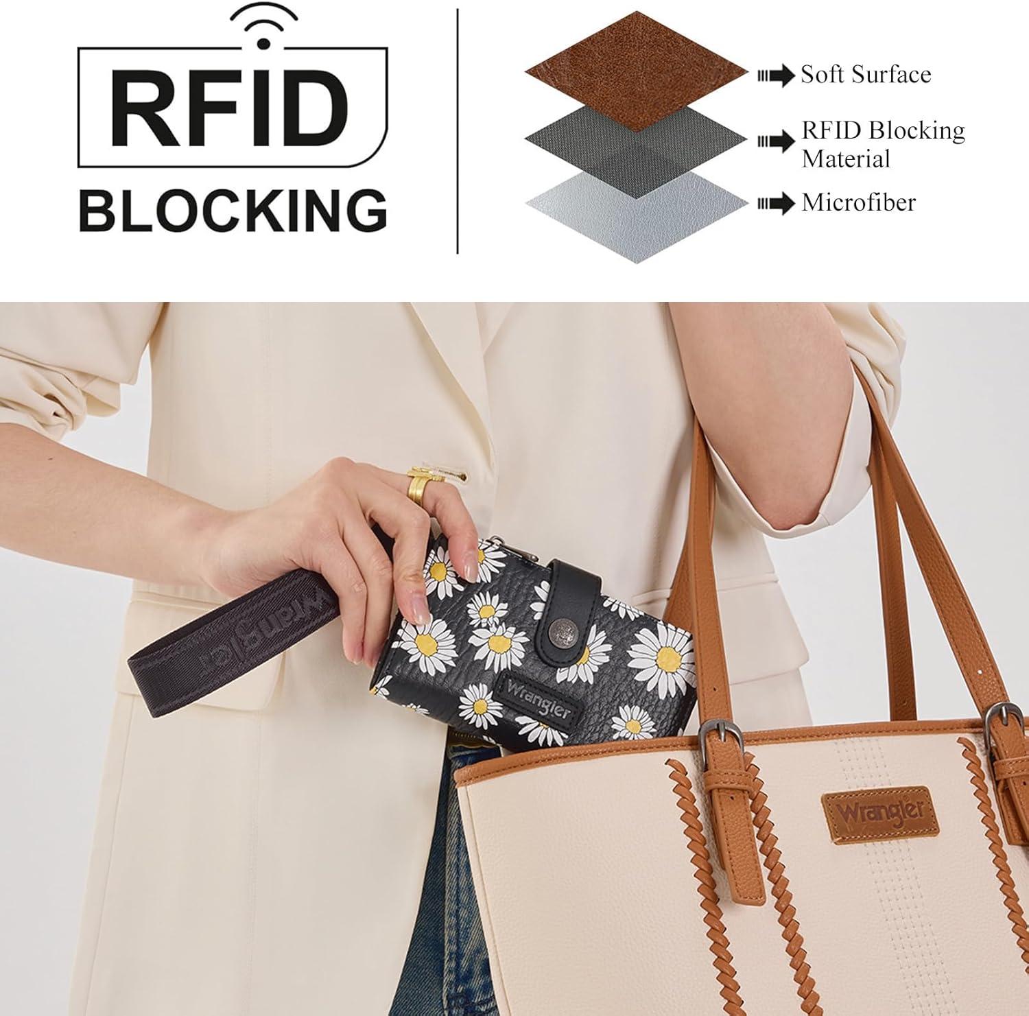 imageMontana West X Wrangler Wristlet Wallets for Women Small Bifold Wallets Rfid Blocking Large Capacity Ladies WalletFlowerblack