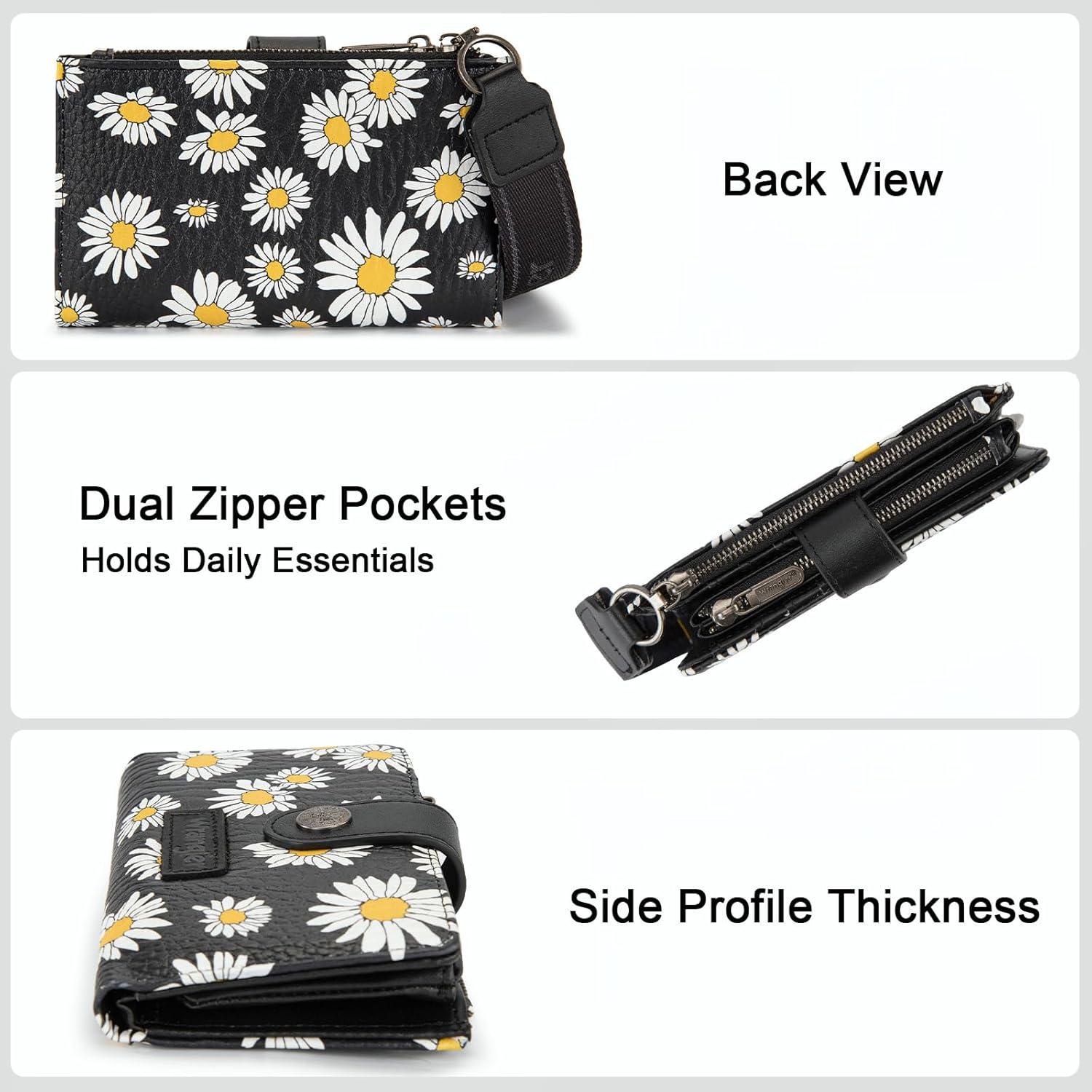 imageMontana West X Wrangler Wristlet Wallets for Women Small Bifold Wallets Rfid Blocking Large Capacity Ladies WalletFlowerblack