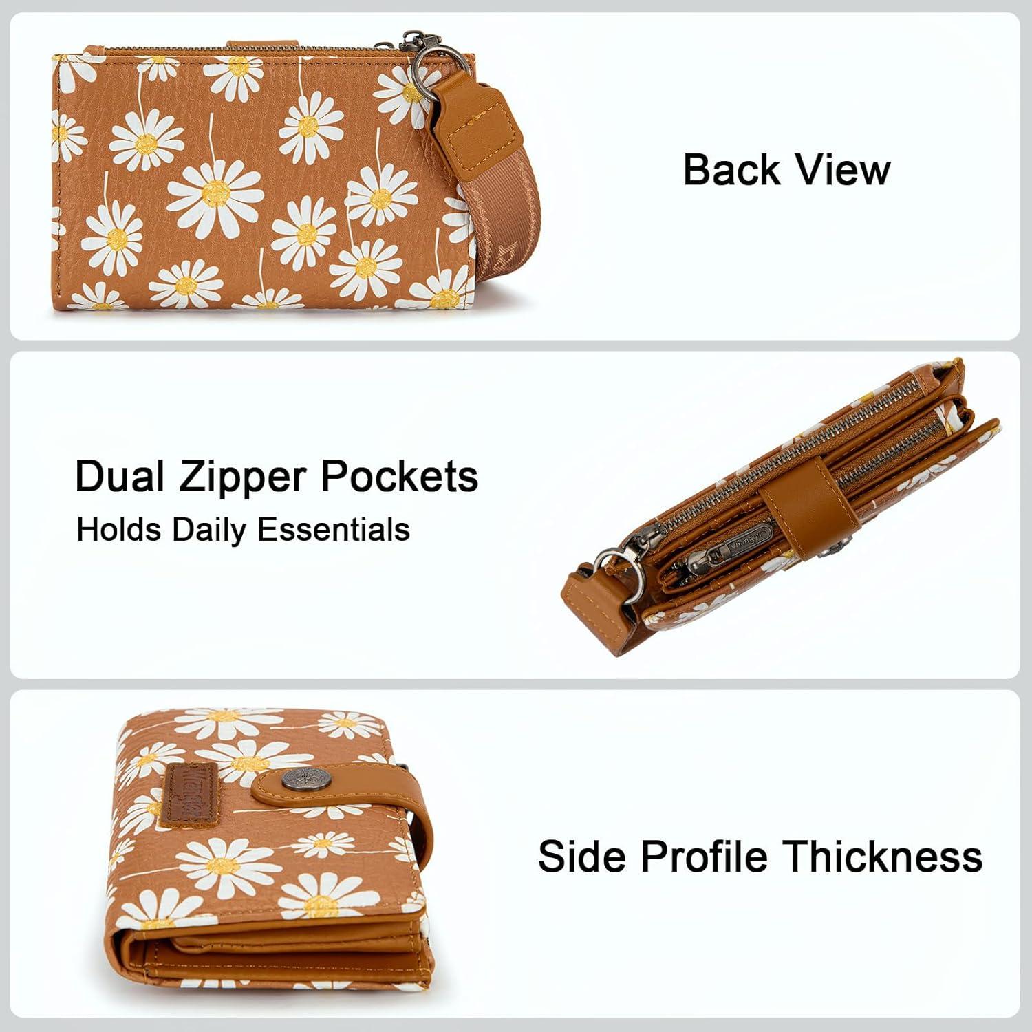 imageMontana West X Wrangler Wristlet Wallets for Women Small Bifold Wallets Rfid Blocking Large Capacity Ladies WalletFlowerbrown