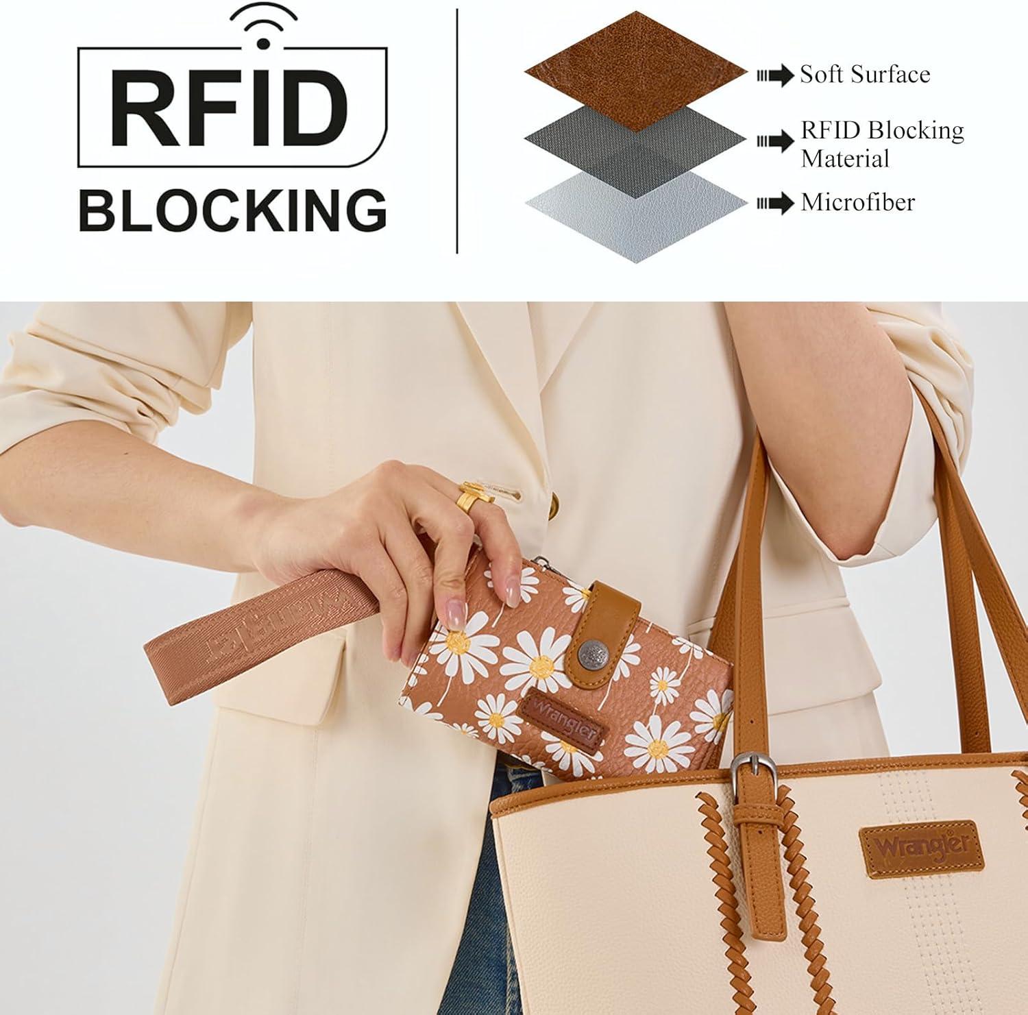 imageMontana West X Wrangler Wristlet Wallets for Women Small Bifold Wallets Rfid Blocking Large Capacity Ladies WalletFlowerbrown