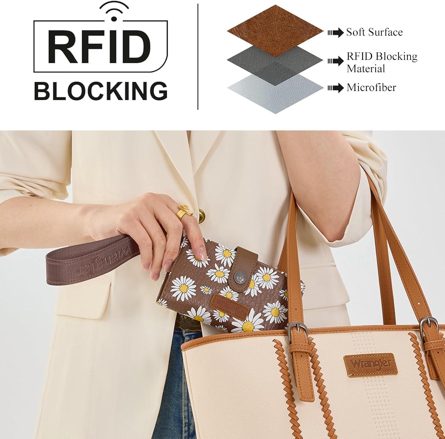imageMontana West X Wrangler Wristlet Wallets for Women Small Bifold Wallets Rfid Blocking Large Capacity Ladies WalletFlowercoffee