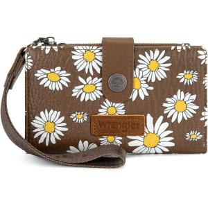 Montana West X Wrangler Wristlet Wallets for Women Small Bifold Wallets Rfid Blocking Large Capacity Ladies Wallet(Flower-coffee)