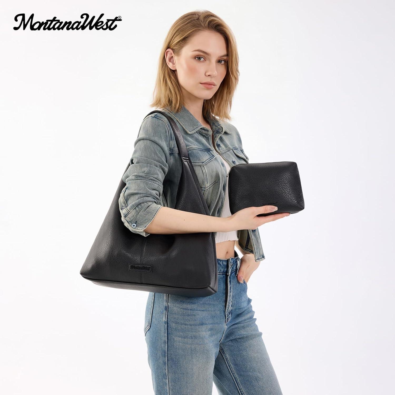 imageMontana West Hobo Bag Purses for Women Slouchy Soft Shoulder Handbags Tote with PouchBlack