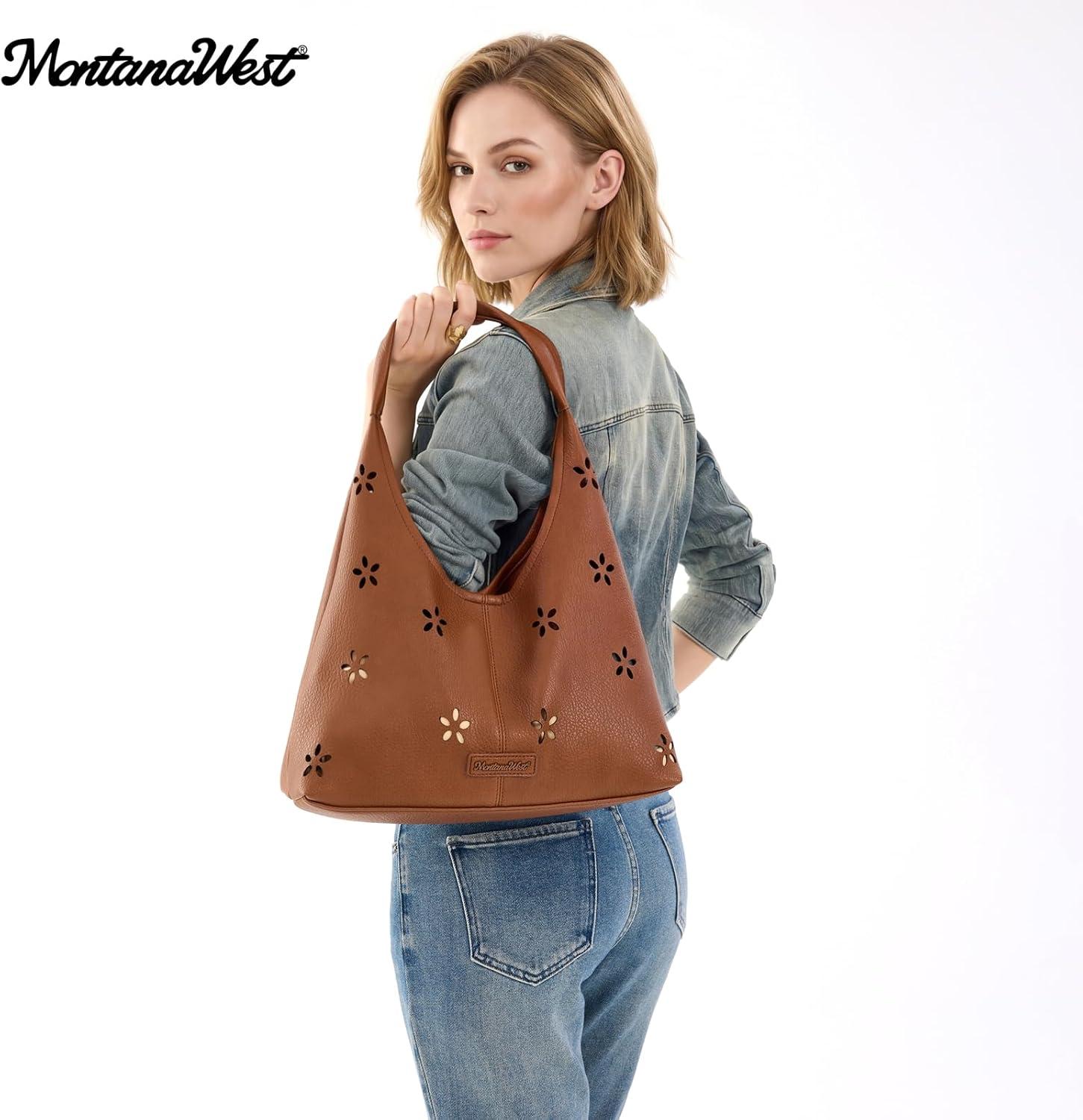 imageMontana West Hobo Bag Purses for Women Slouchy Soft Shoulder Handbags Tote with PouchFlower Cutout Brown