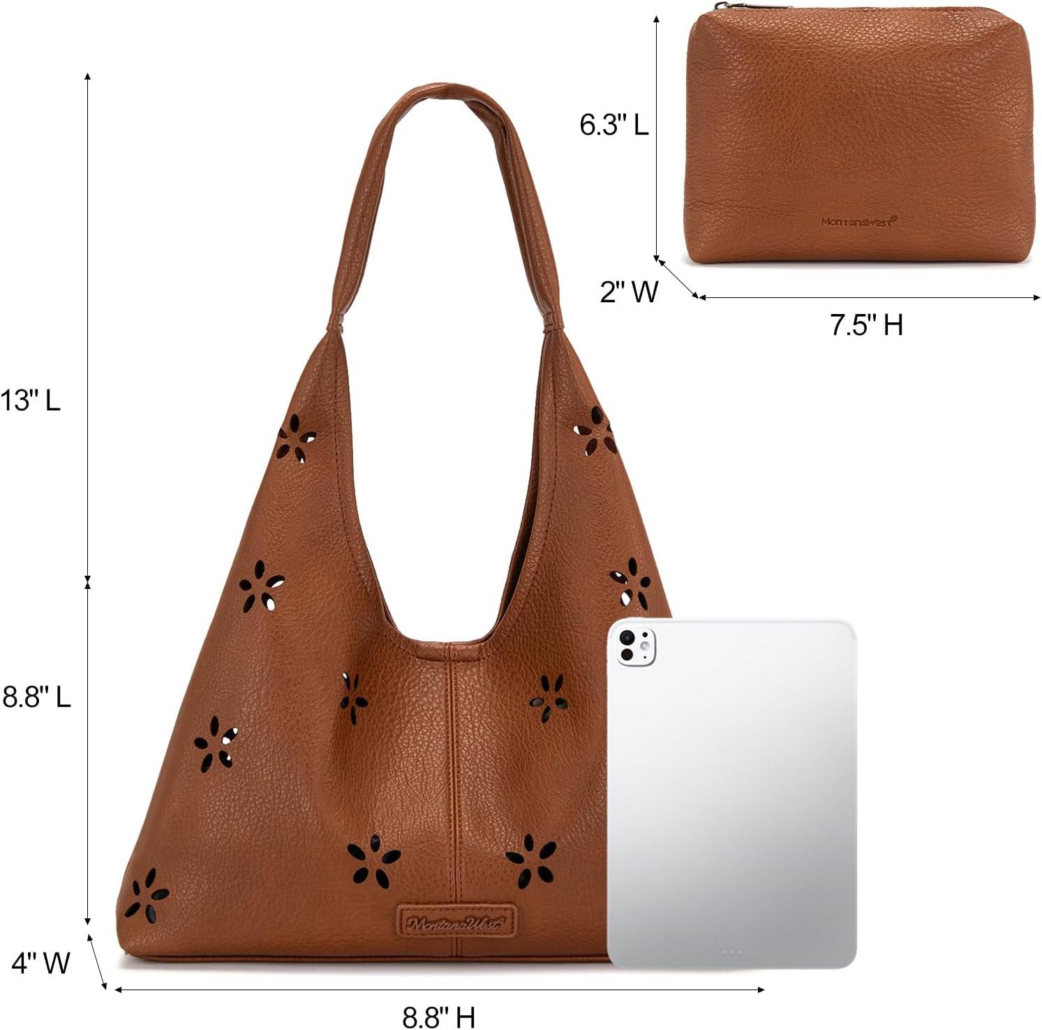 imageMontana West Hobo Bag Purses for Women Slouchy Soft Shoulder Handbags Tote with PouchFlower Cutout Brown