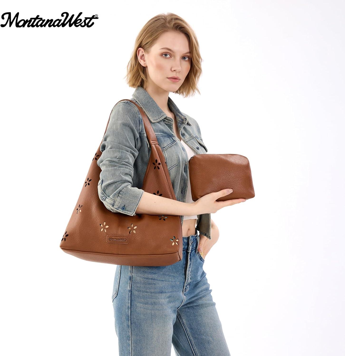 imageMontana West Hobo Bag Purses for Women Slouchy Soft Shoulder Handbags Tote with PouchFlower Cutout Brown