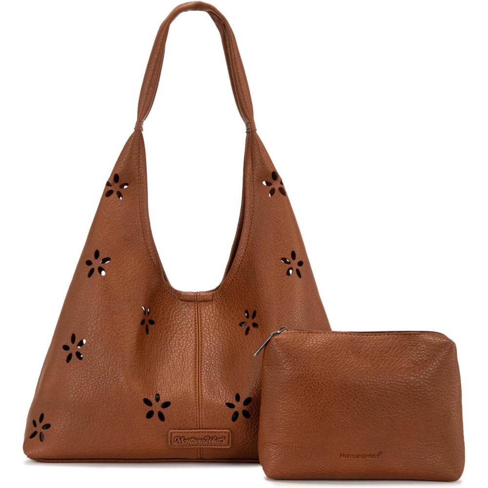 imageMontana West Hobo Bag Purses for Women Slouchy Soft Shoulder Handbags Tote with PouchFlower Cutout Brown