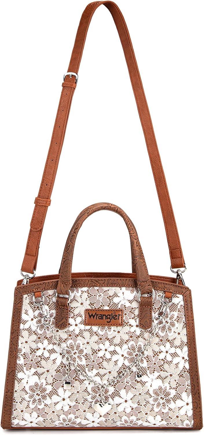 imageWrangler Medium Tote Bag for Women Lace Crossbody Top Handle Handbags Ladies Satchel Elegant Purse for Wedding GiftBrown