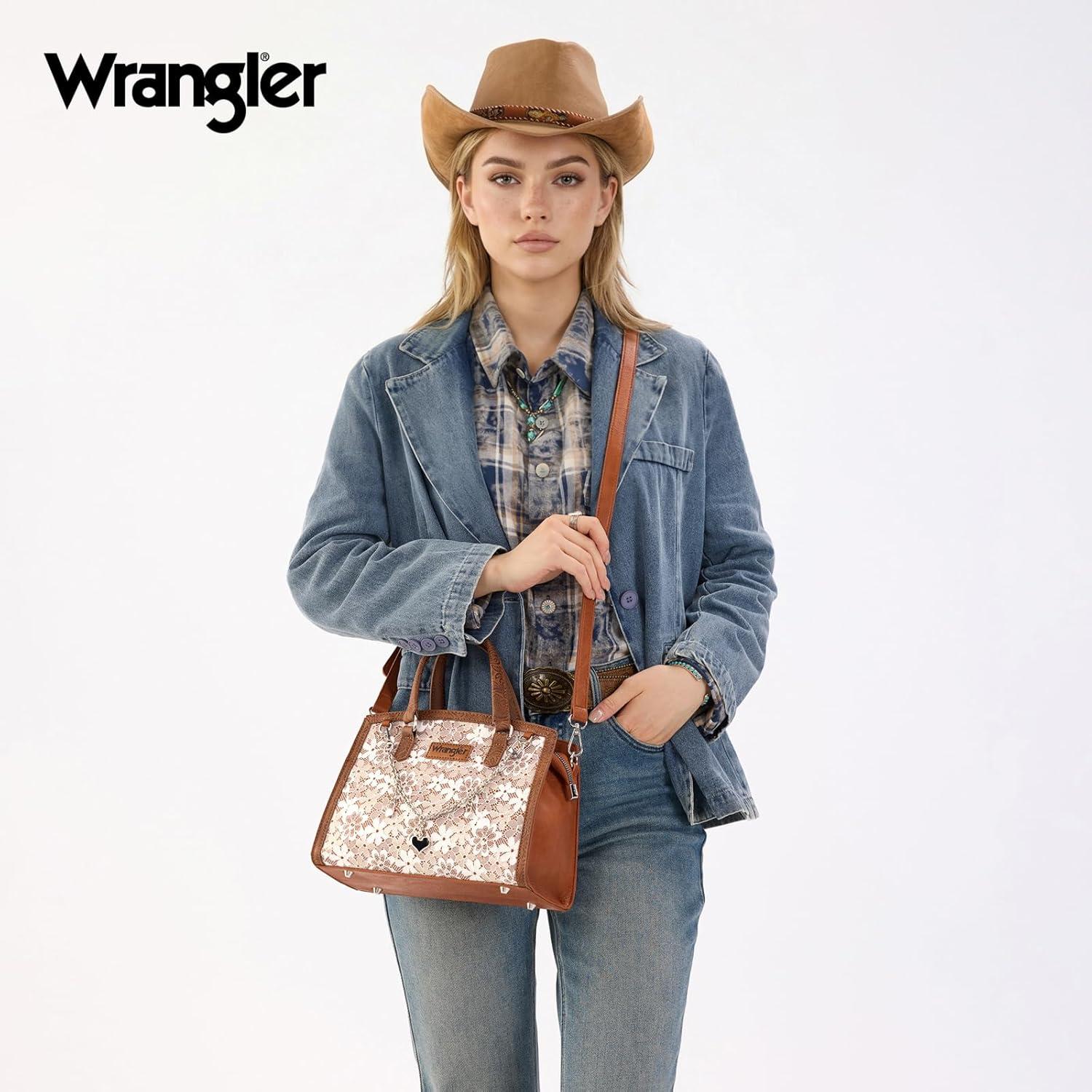 imageWrangler Medium Tote Bag for Women Lace Crossbody Top Handle Handbags Ladies Satchel Elegant Purse for Wedding GiftBrown