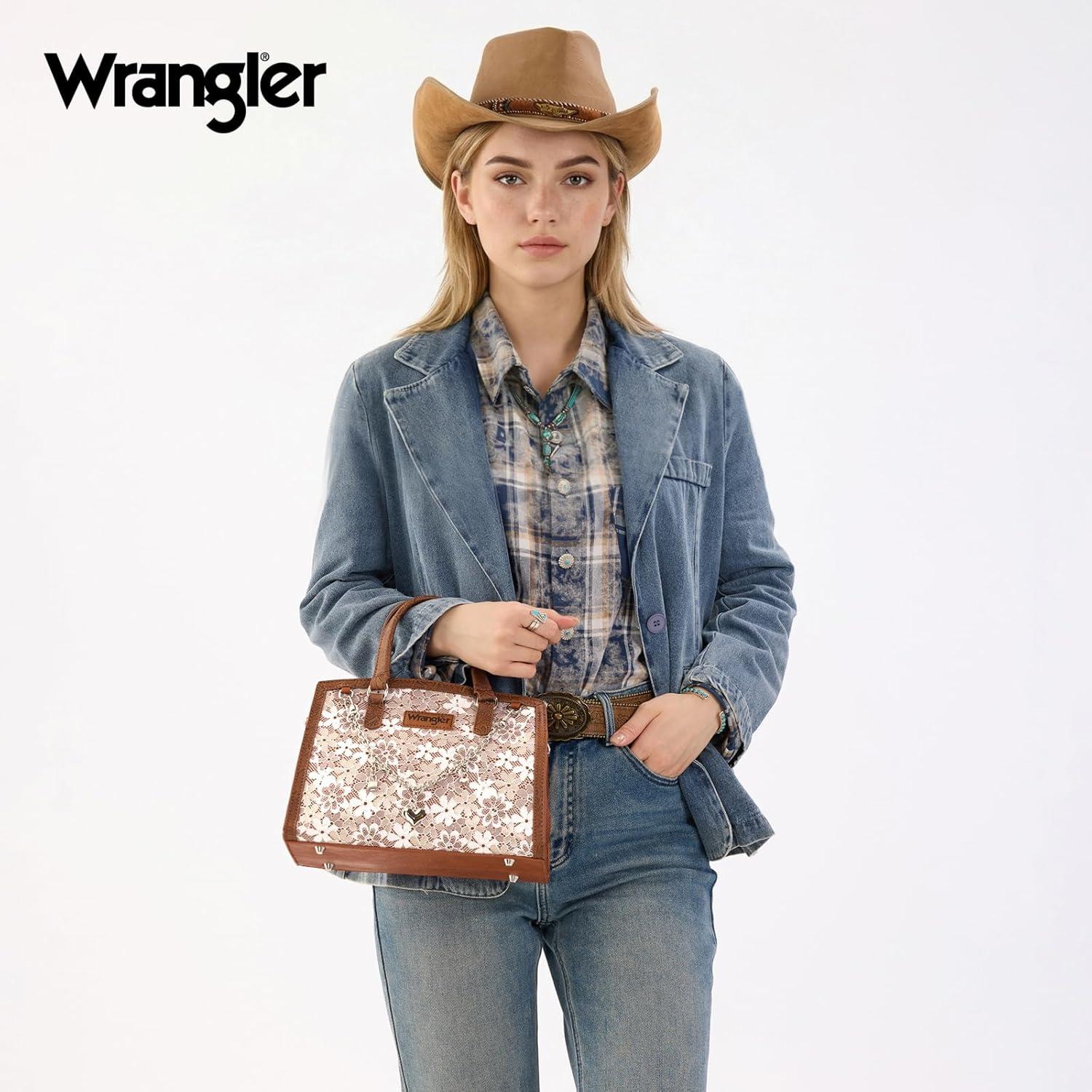 imageWrangler Medium Tote Bag for Women Lace Crossbody Top Handle Handbags Ladies Satchel Elegant Purse for Wedding GiftBrown
