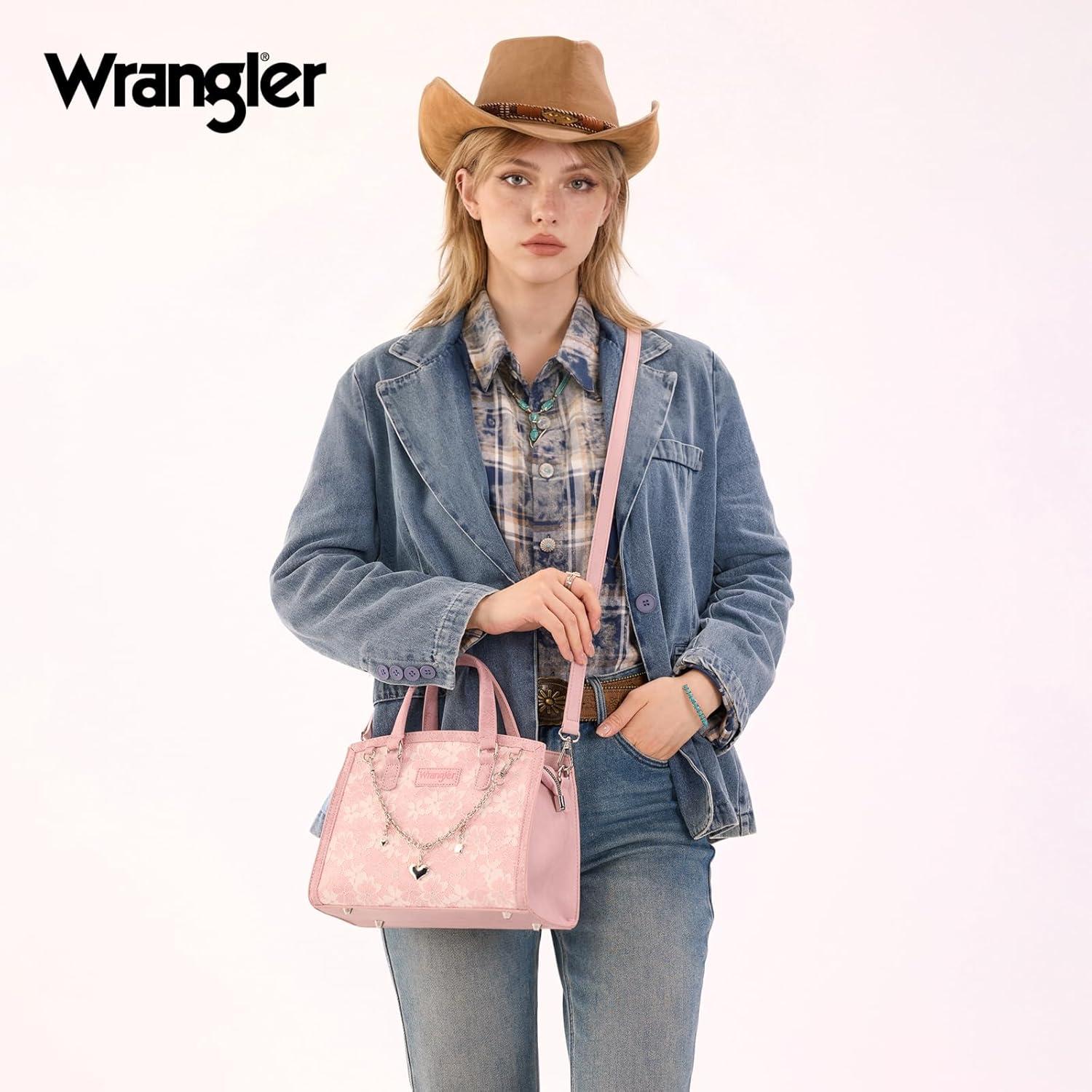 imageWrangler Medium Tote Bag for Women Lace Crossbody Top Handle Handbags Ladies Satchel Elegant Purse for Wedding GiftPink