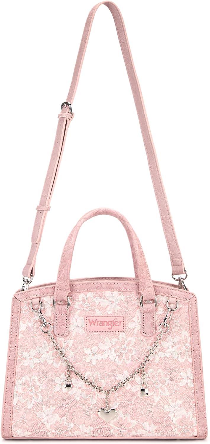 imageWrangler Medium Tote Bag for Women Lace Crossbody Top Handle Handbags Ladies Satchel Elegant Purse for Wedding GiftPink