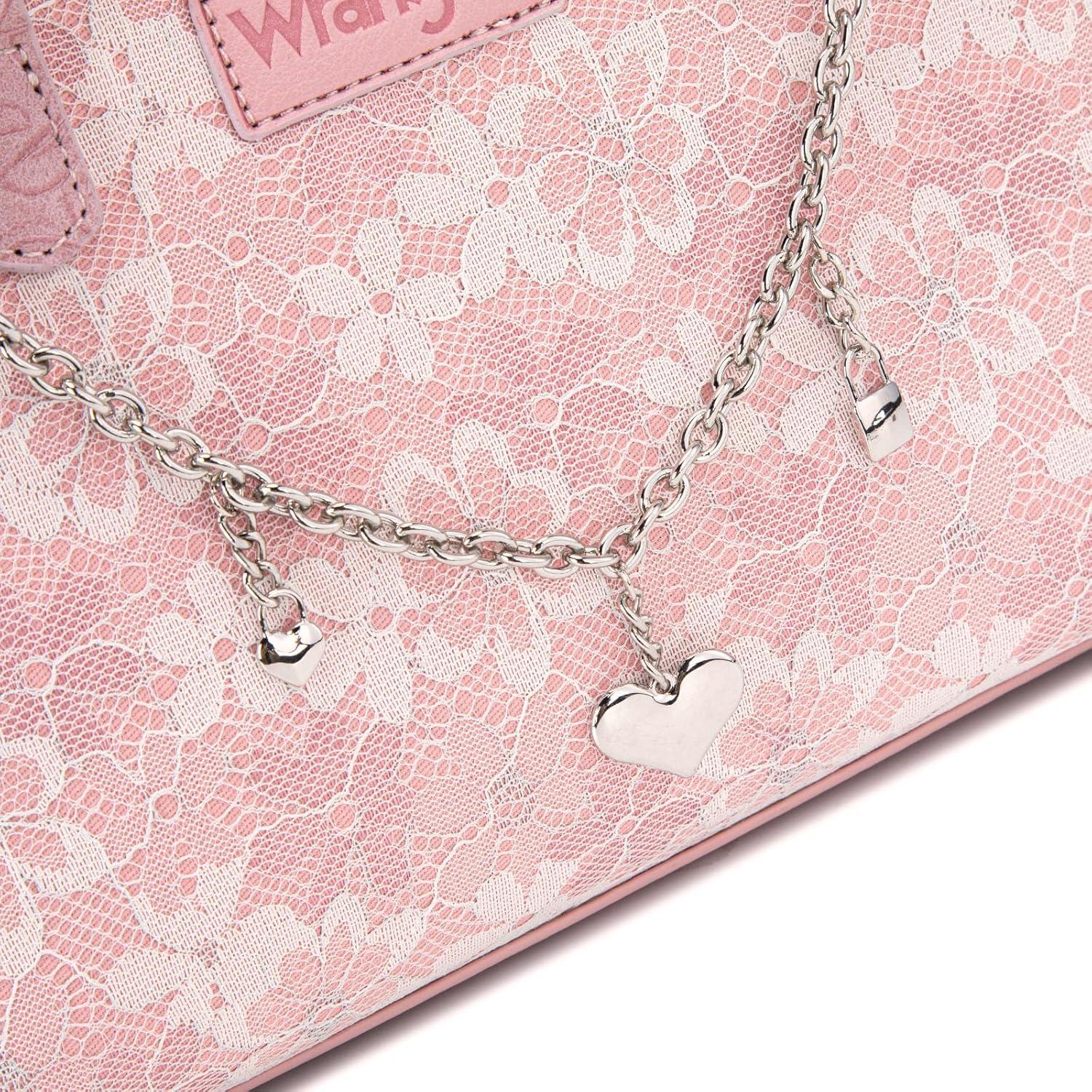imageWrangler Medium Tote Bag for Women Lace Crossbody Top Handle Handbags Ladies Satchel Elegant Purse for Wedding GiftPink