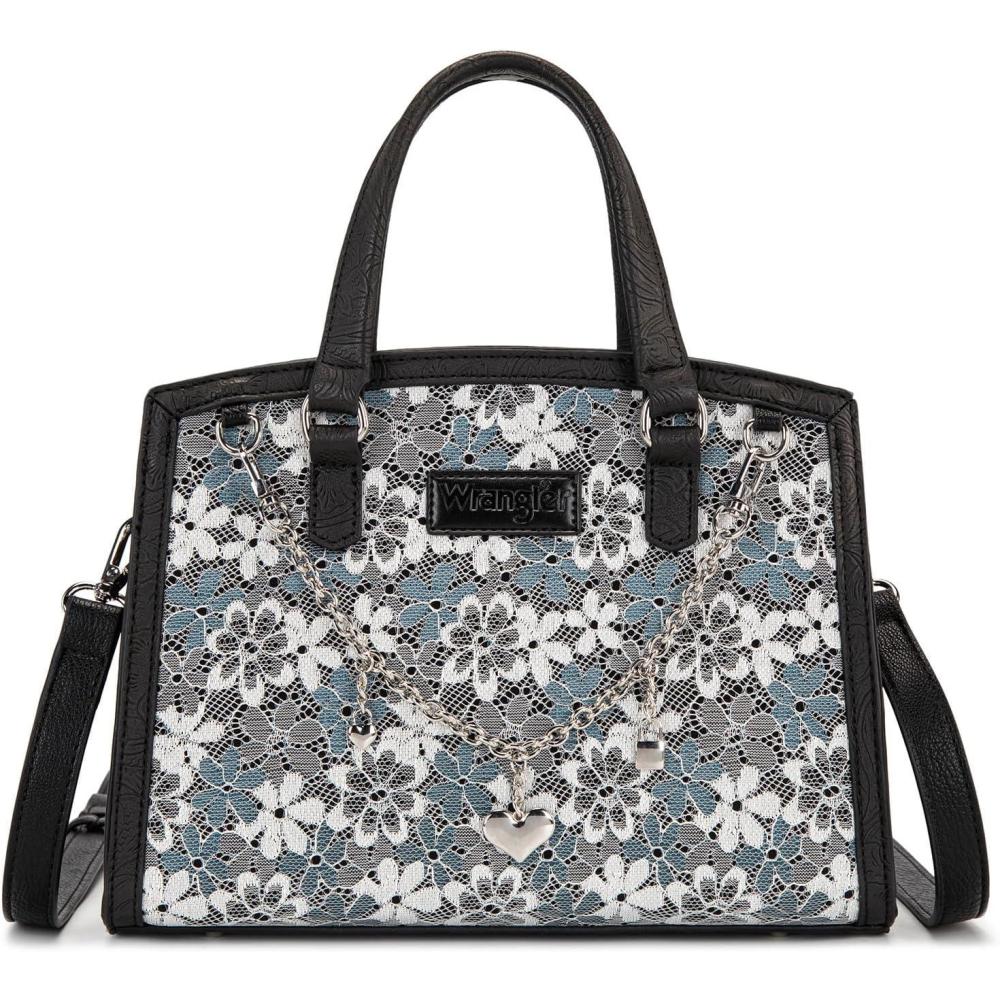 imageWrangler Medium Tote Bag for Women Lace Crossbody Top Handle Handbags Ladies Satchel Elegant Purse for Wedding GiftBlack