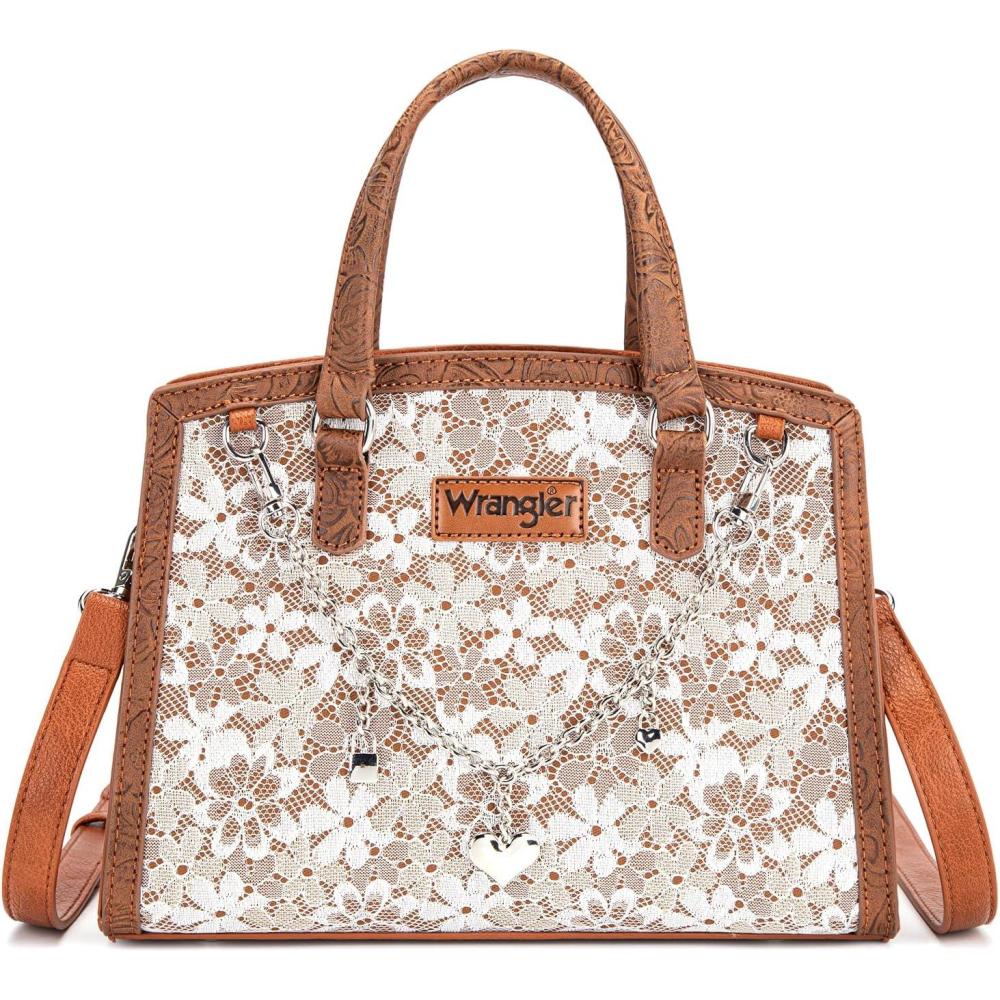 imageWrangler Medium Tote Bag for Women Lace Crossbody Top Handle Handbags Ladies Satchel Elegant Purse for Wedding GiftBrown
