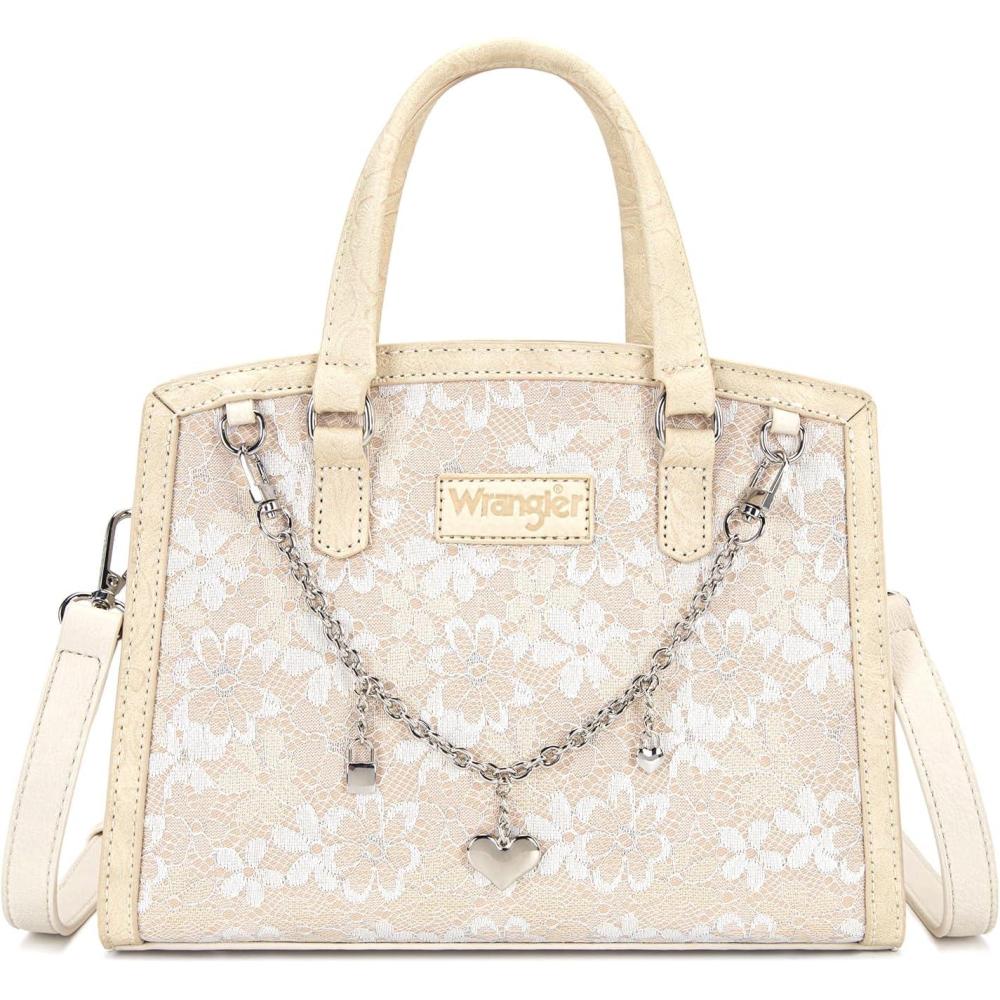 imageWrangler Medium Tote Bag for Women Lace Crossbody Top Handle Handbags Ladies Satchel Elegant Purse for Wedding GiftTan