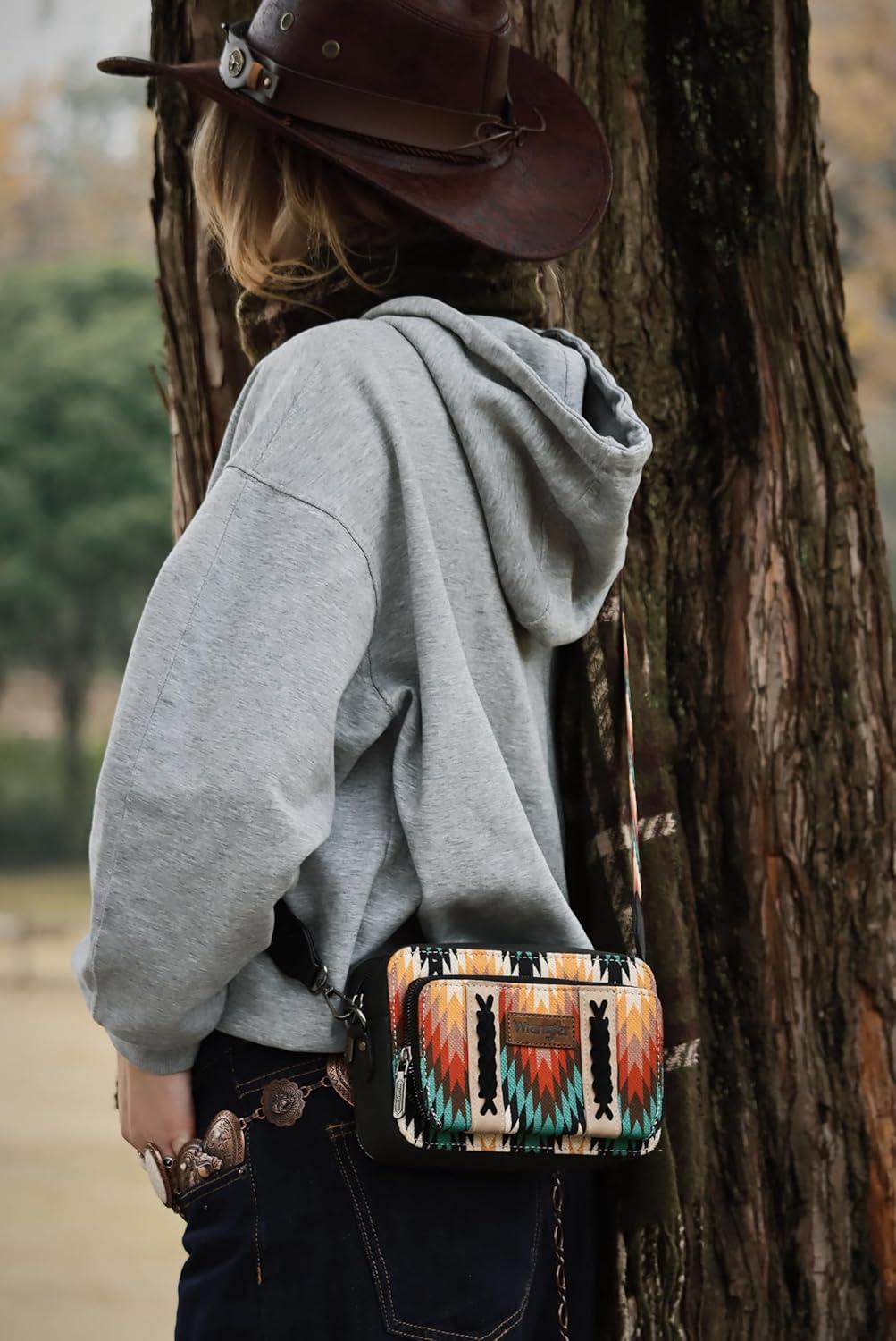 imageWrangler Aztec Crossbody Bag for Women Multi Pocket Shoulder Bag Boho Cross Body Wallet PurseAztecblack
