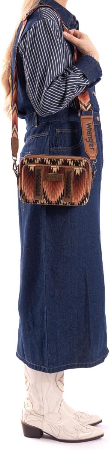 imageWrangler Aztec Crossbody Bag for Women Multi Pocket Shoulder Bag Boho Cross Body Wallet PurseAztecbrown