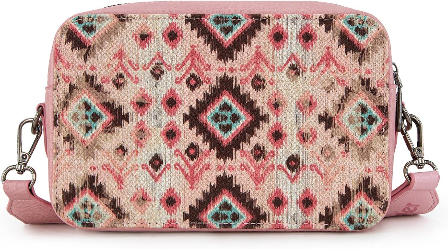 imageWrangler Aztec Crossbody Bag for Women Multi Pocket Shoulder Bag Boho Cross Body Wallet PurseDeep Pink