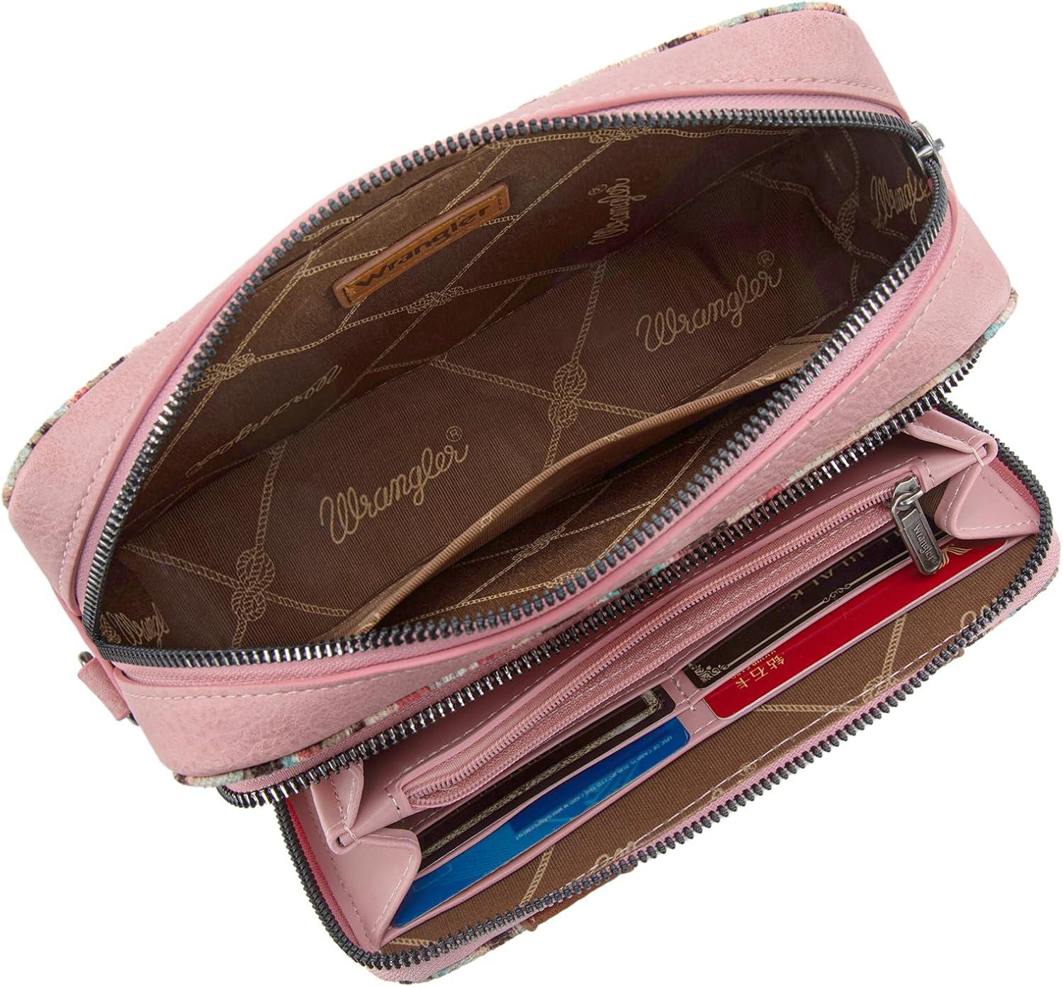 imageWrangler Aztec Crossbody Bag for Women Multi Pocket Shoulder Bag Boho Cross Body Wallet PurseDeep Pink