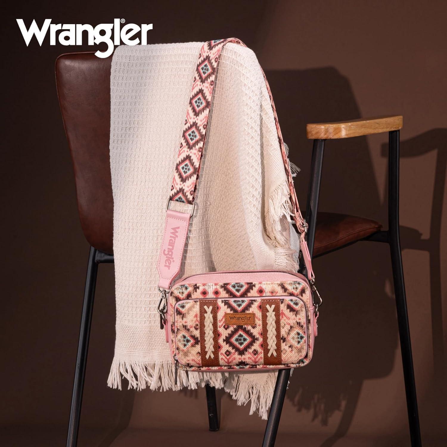 imageWrangler Aztec Crossbody Bag for Women Multi Pocket Shoulder Bag Boho Cross Body Wallet PurseDeep Pink