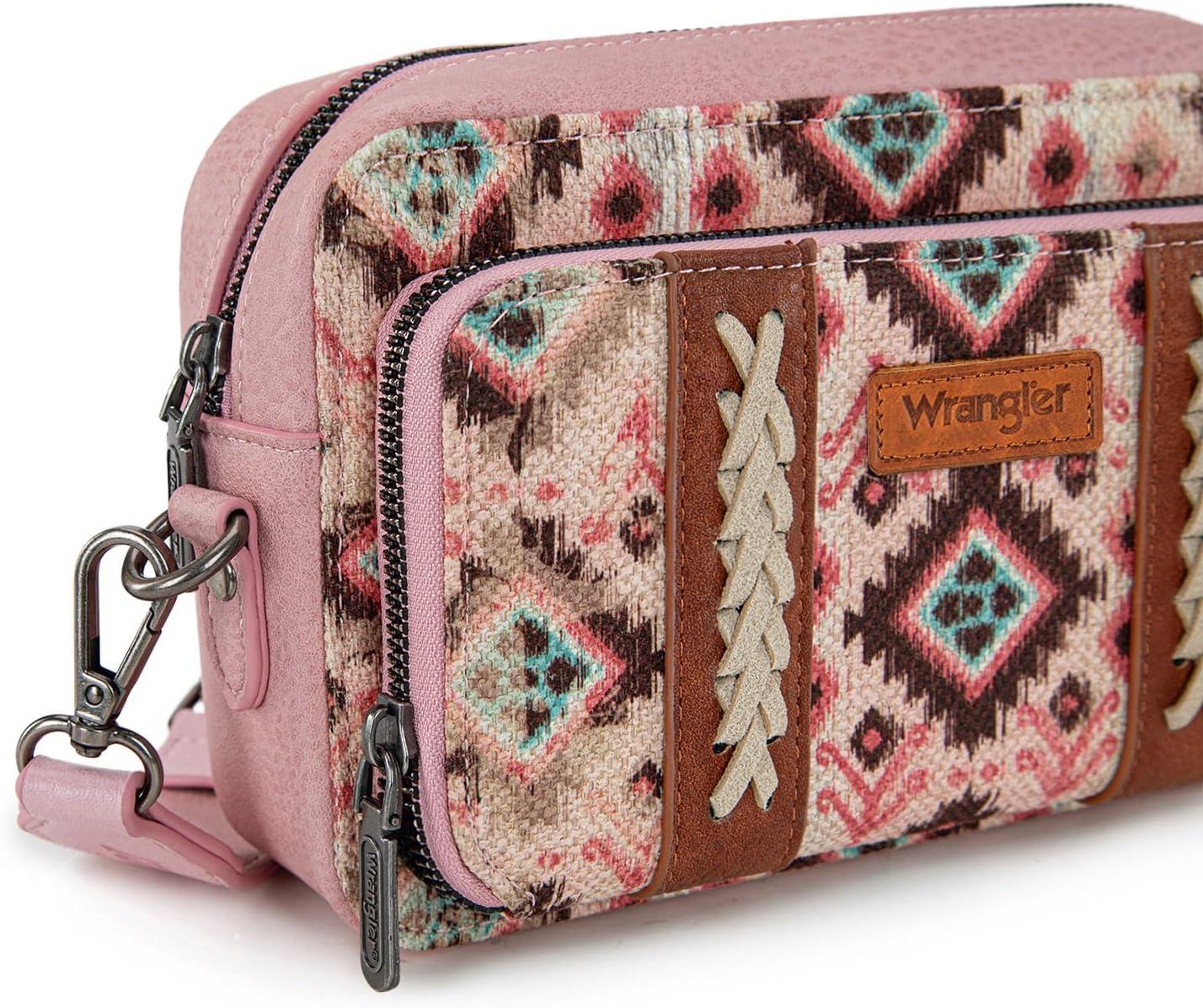 imageWrangler Aztec Crossbody Bag for Women Multi Pocket Shoulder Bag Boho Cross Body Wallet PurseDeep Pink
