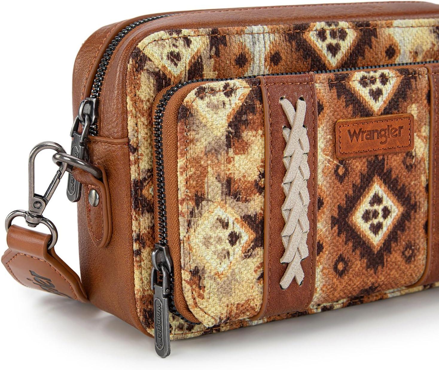 imageWrangler Aztec Crossbody Bag for Women Multi Pocket Shoulder Bag Boho Cross Body Wallet PurseLight Brown
