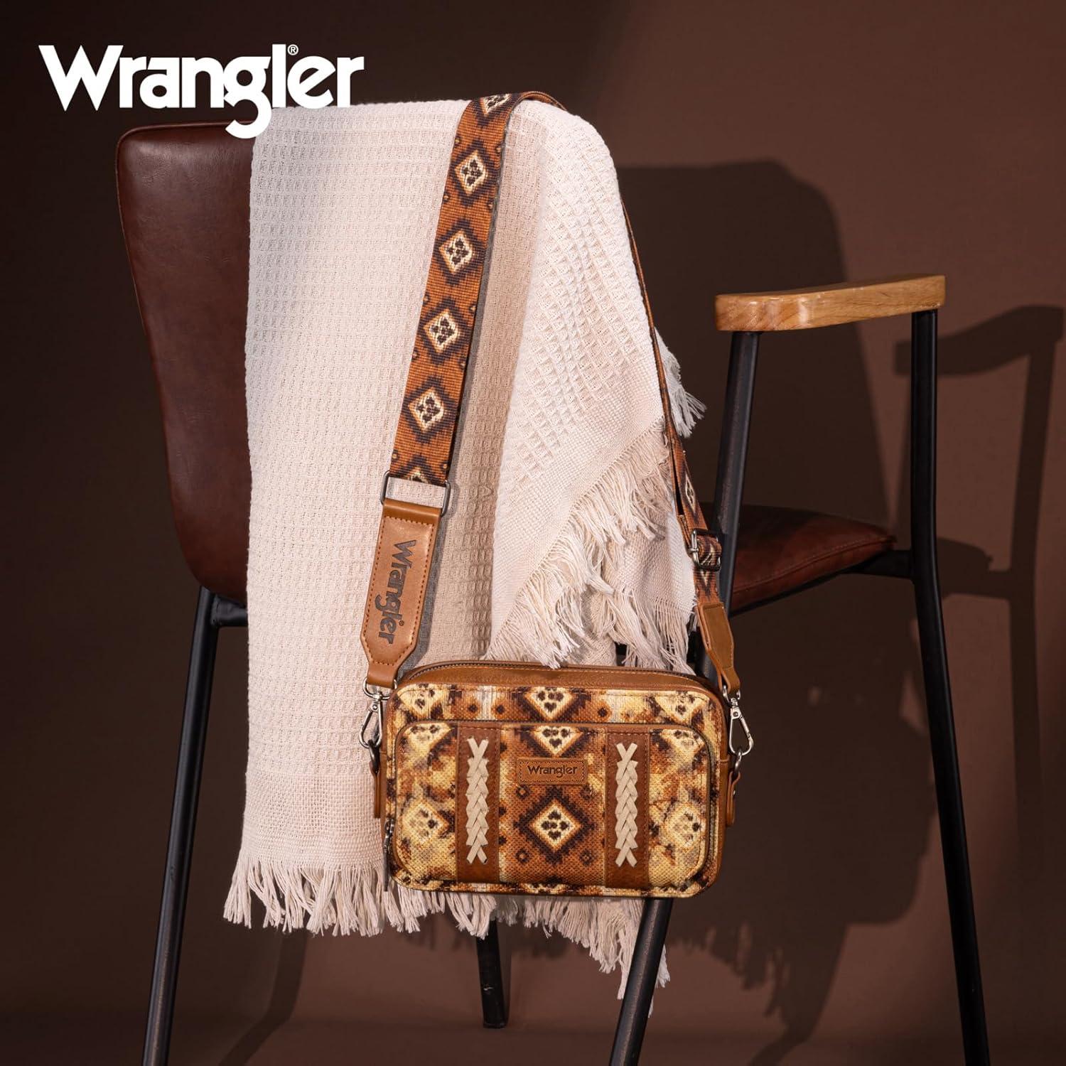 imageWrangler Aztec Crossbody Bag for Women Multi Pocket Shoulder Bag Boho Cross Body Wallet PurseLight Brown