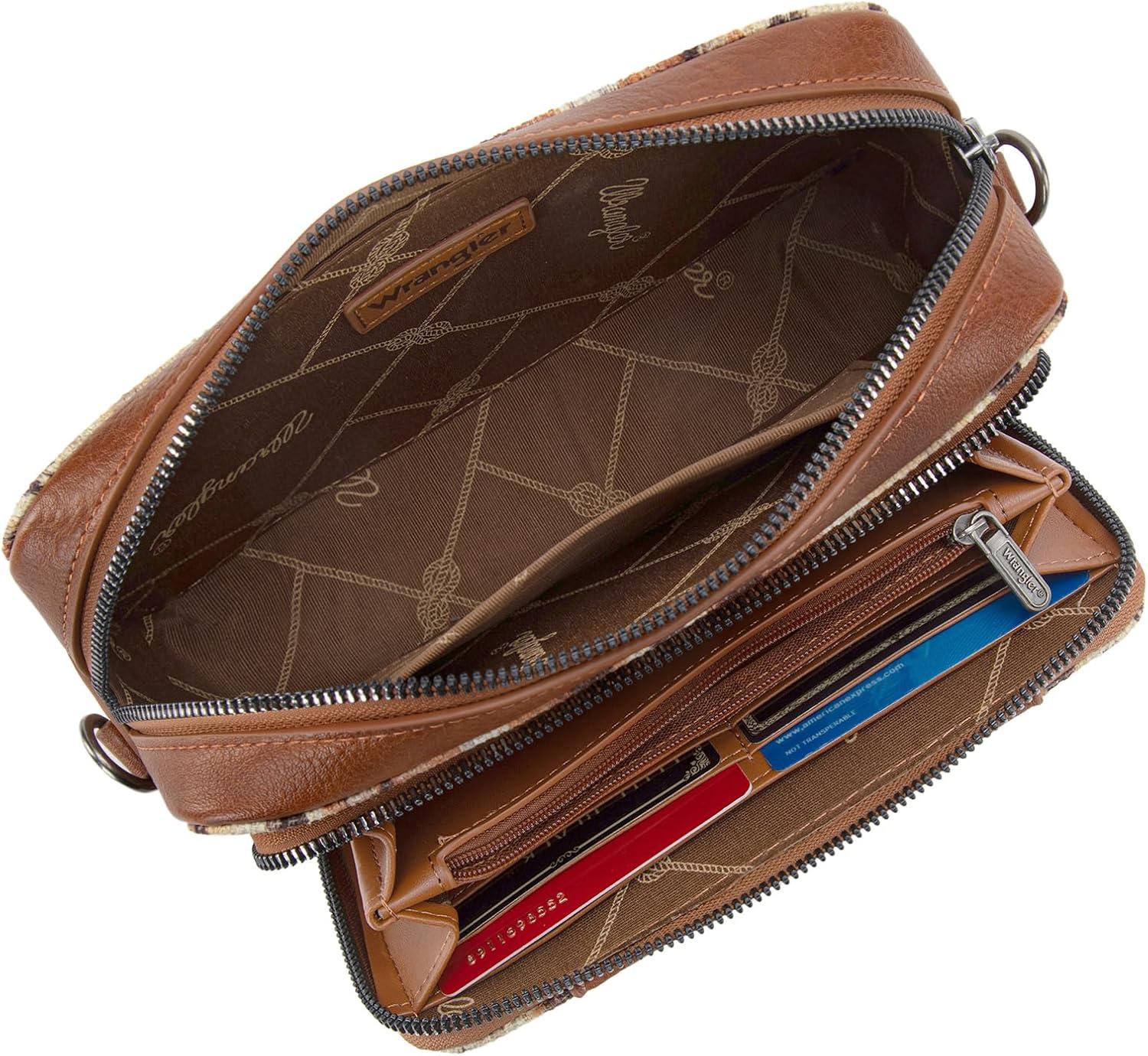 imageWrangler Aztec Crossbody Bag for Women Multi Pocket Shoulder Bag Boho Cross Body Wallet PurseLight Brown