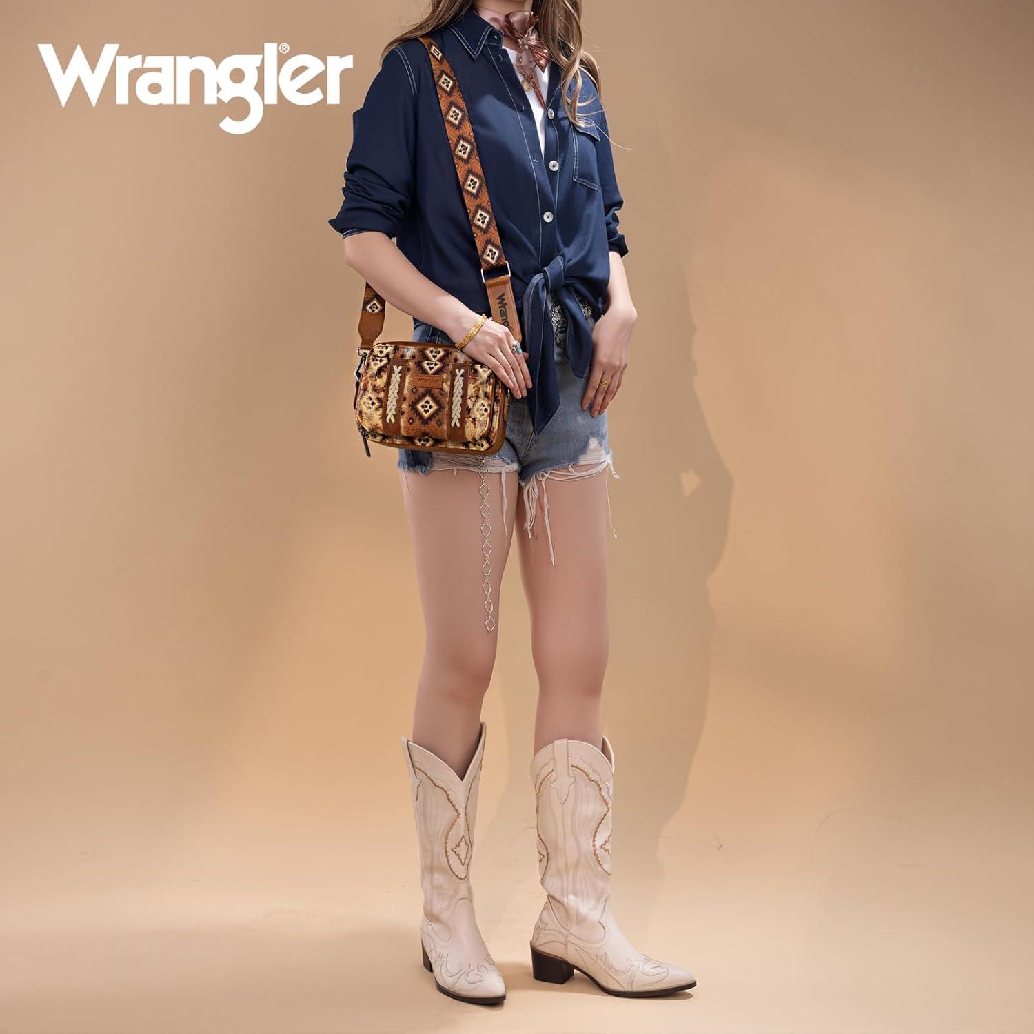 imageWrangler Aztec Crossbody Bag for Women Multi Pocket Shoulder Bag Boho Cross Body Wallet PurseLight Brown