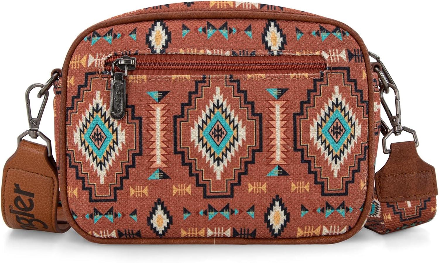 imageWrangler Aztec Crossbody Bags for Women Crossbody Purse Shoulder Handbag Crossover Bag with Two Replaceable StrapBrown