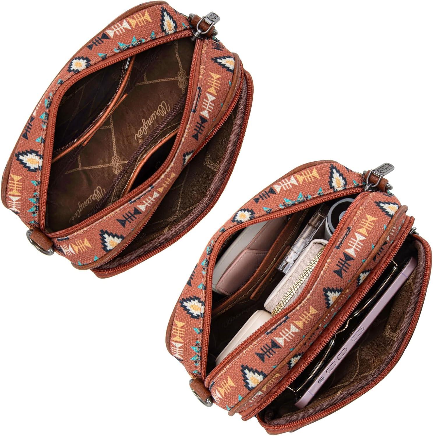 imageWrangler Aztec Crossbody Bags for Women Crossbody Purse Shoulder Handbag Crossover Bag with Two Replaceable StrapBrown
