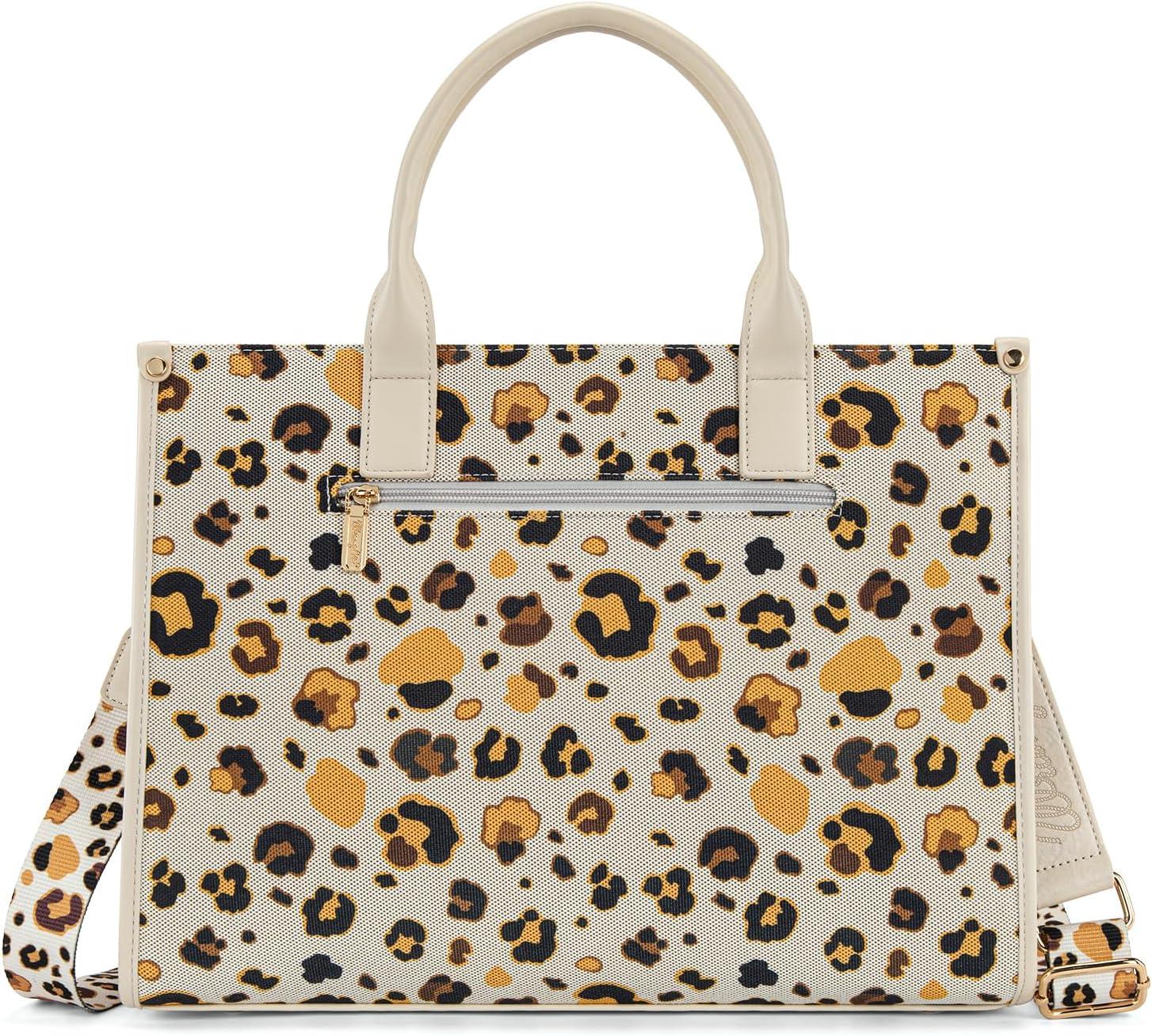 imageWrangler Laptop Bag 156 Inch Large Tote Bag Leopard Womens Computer Bags Briefcase Bags for Work with Detachable StrapLeopard Beige