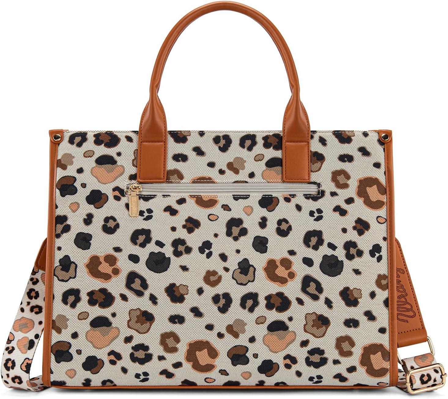 imageWrangler Laptop Bag 156 Inch Large Tote Bag Leopard Womens Computer Bags Briefcase Bags for Work with Detachable StrapLeopard Brown